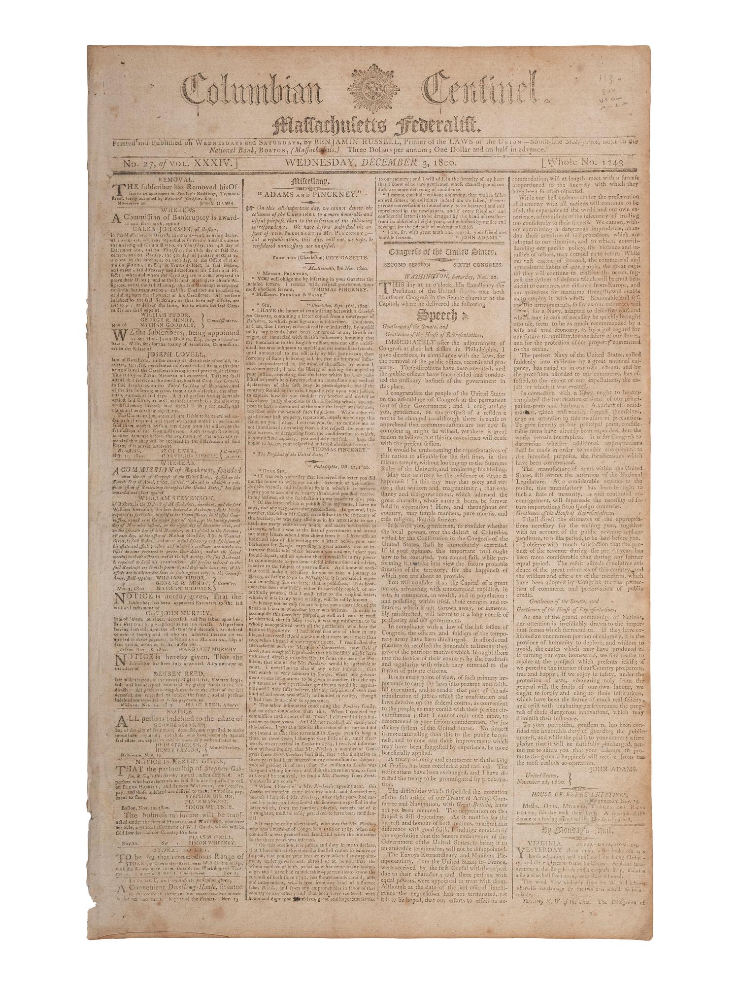 [ADAMS, John (1735-1826)]. John Adams' last State of the Union Address feat. in Columbian Centinel .