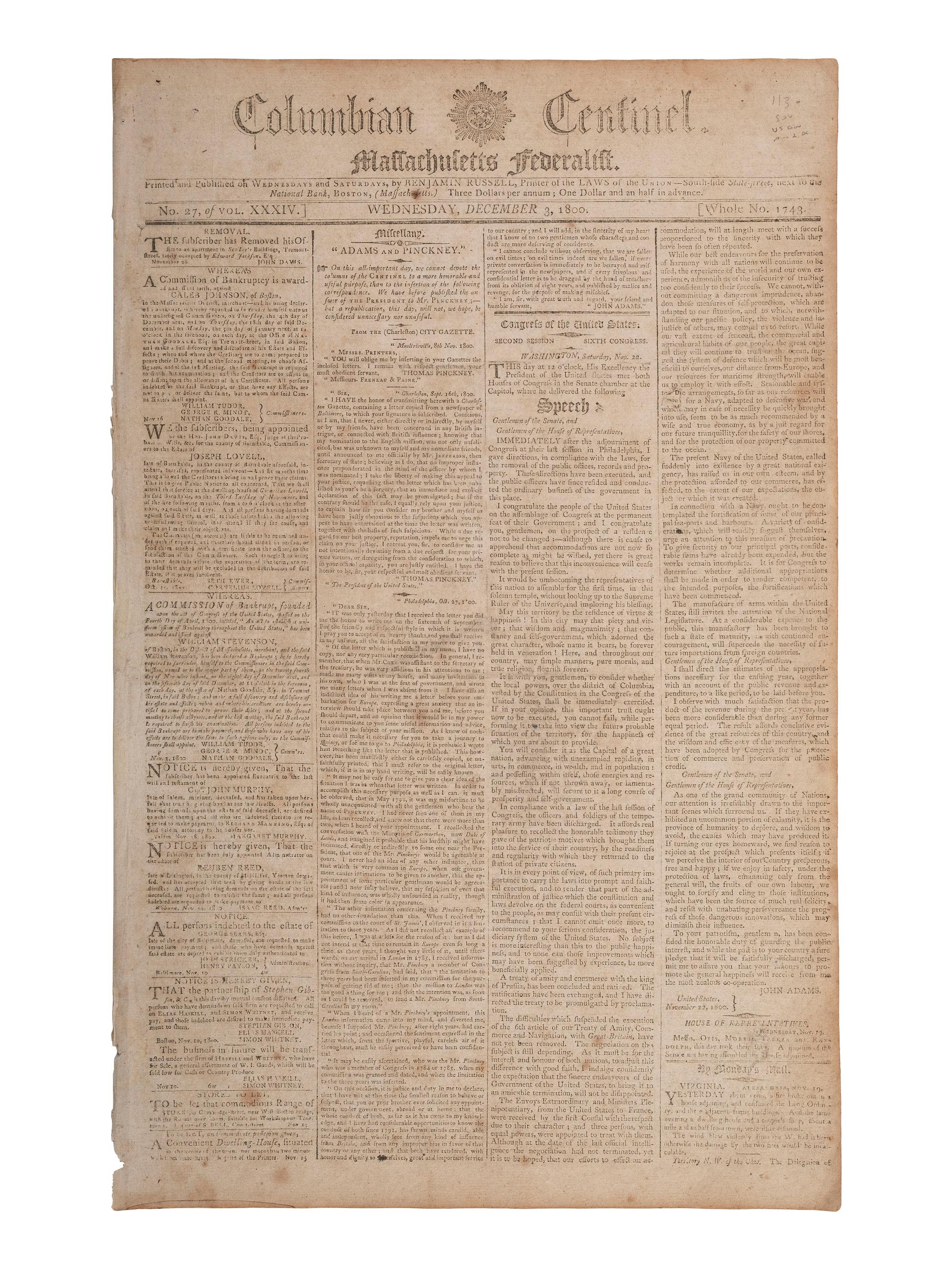 [ADAMS, John (1735-1826)]. John Adams' last State of the Union Address feat. in Columbian Centinel .