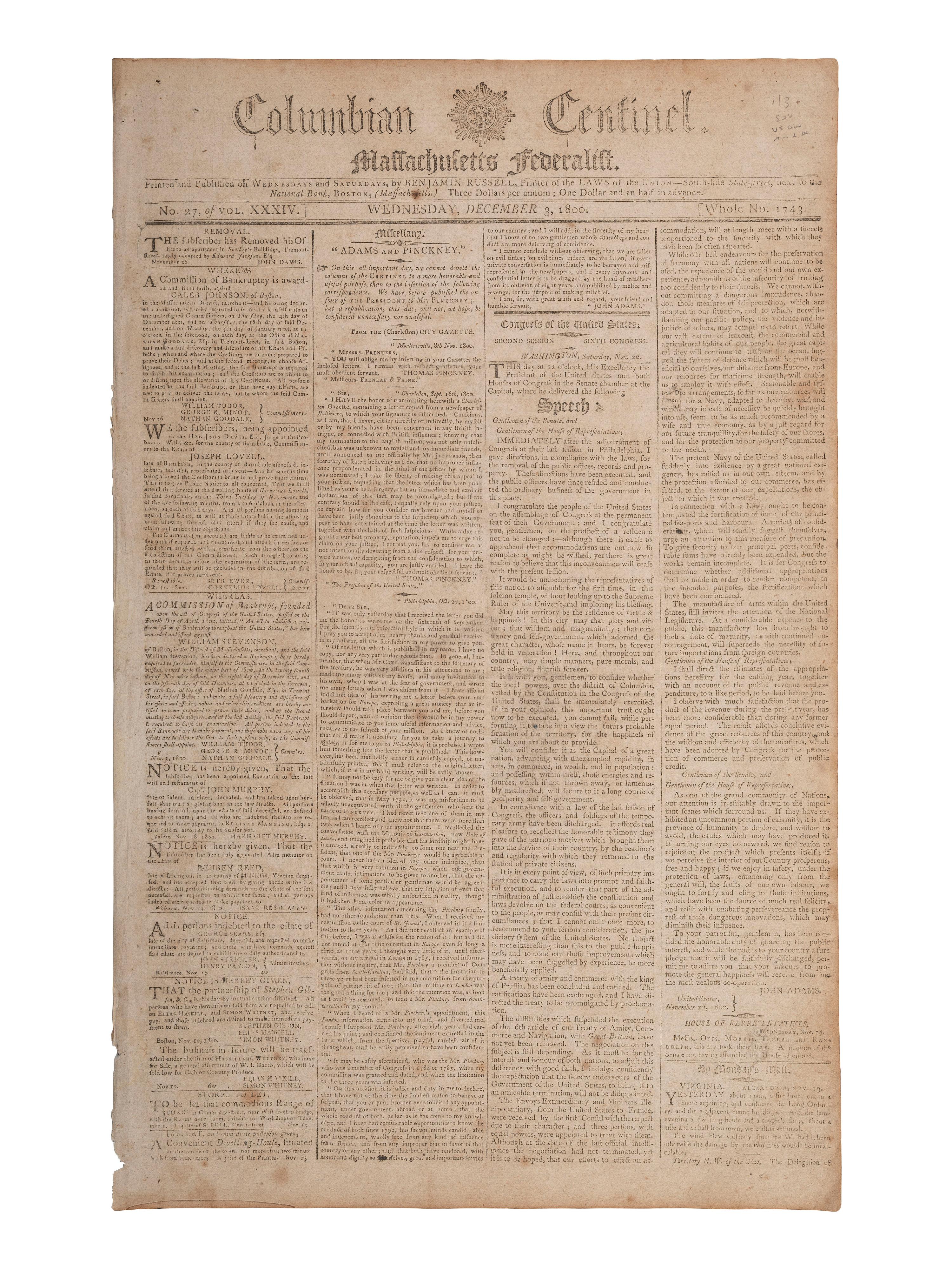 [ADAMS, John (1735-1826)]. John Adams' last State of the Union Address feat. in Columbian Centinel .