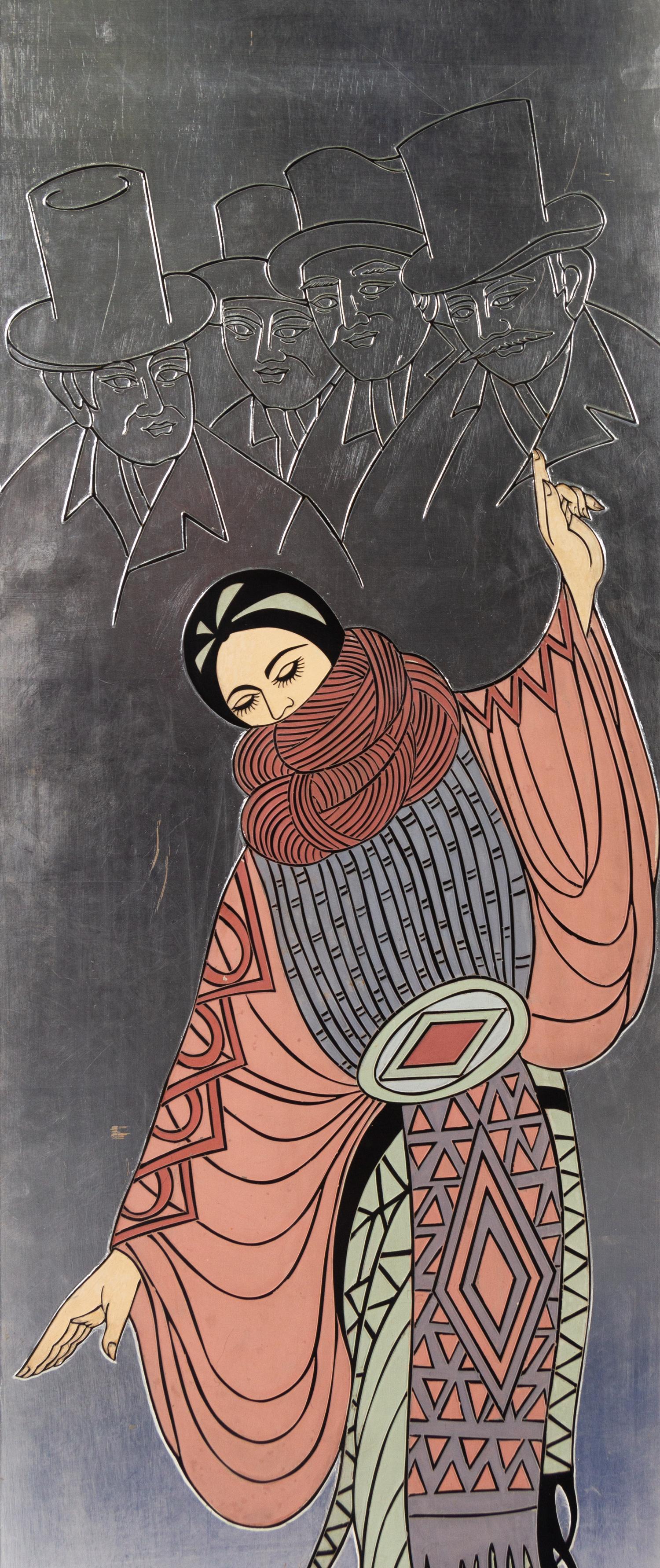 A Chinese Painted and Lacquered Three-Panel Screen
