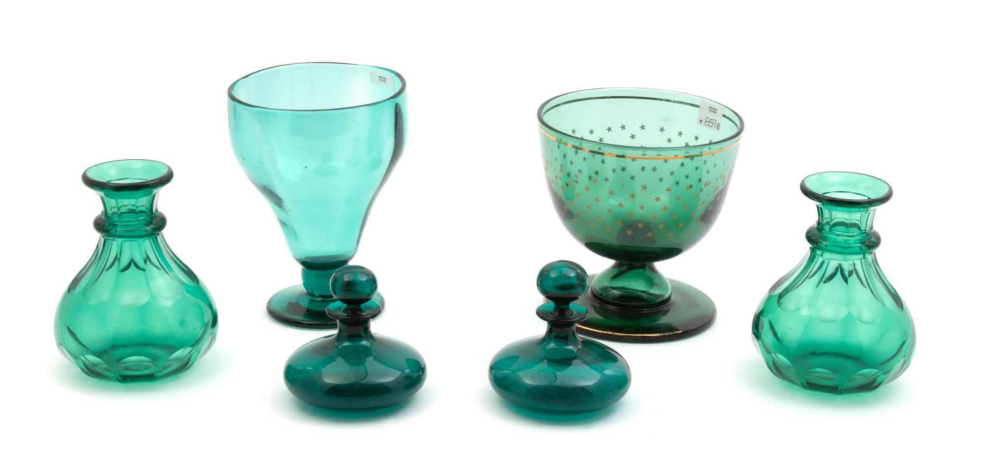 A Group of English Bristol Green Glassware Height of tallest 7 inches. — 19TH CENTURY