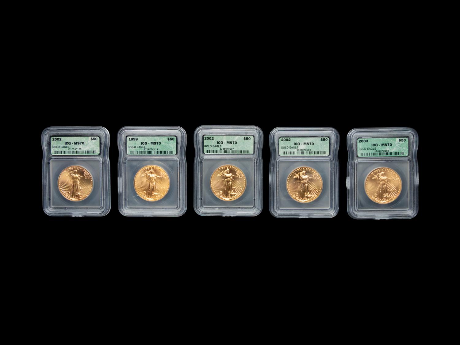 A Group of Five Gold Eagle $50 1 oz. Gold Coins (ICG MS70)