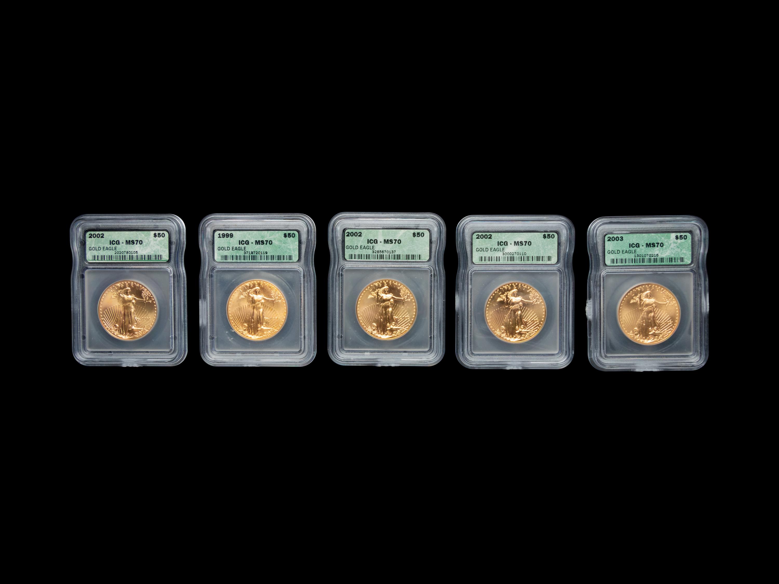 A Group of Five Gold Eagle $50 1 oz. Gold Coins (ICG MS70)