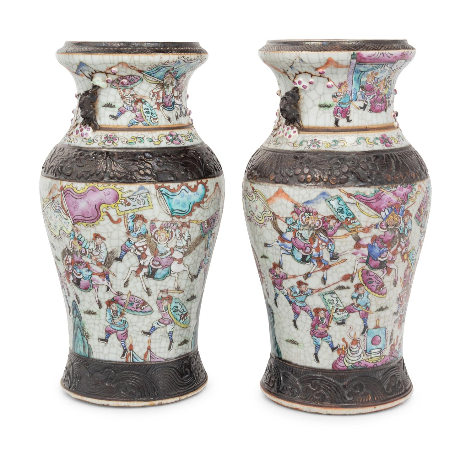 A Pair of Iron Decorated Famille Rose and Crackle Glazed Porcelain Vases