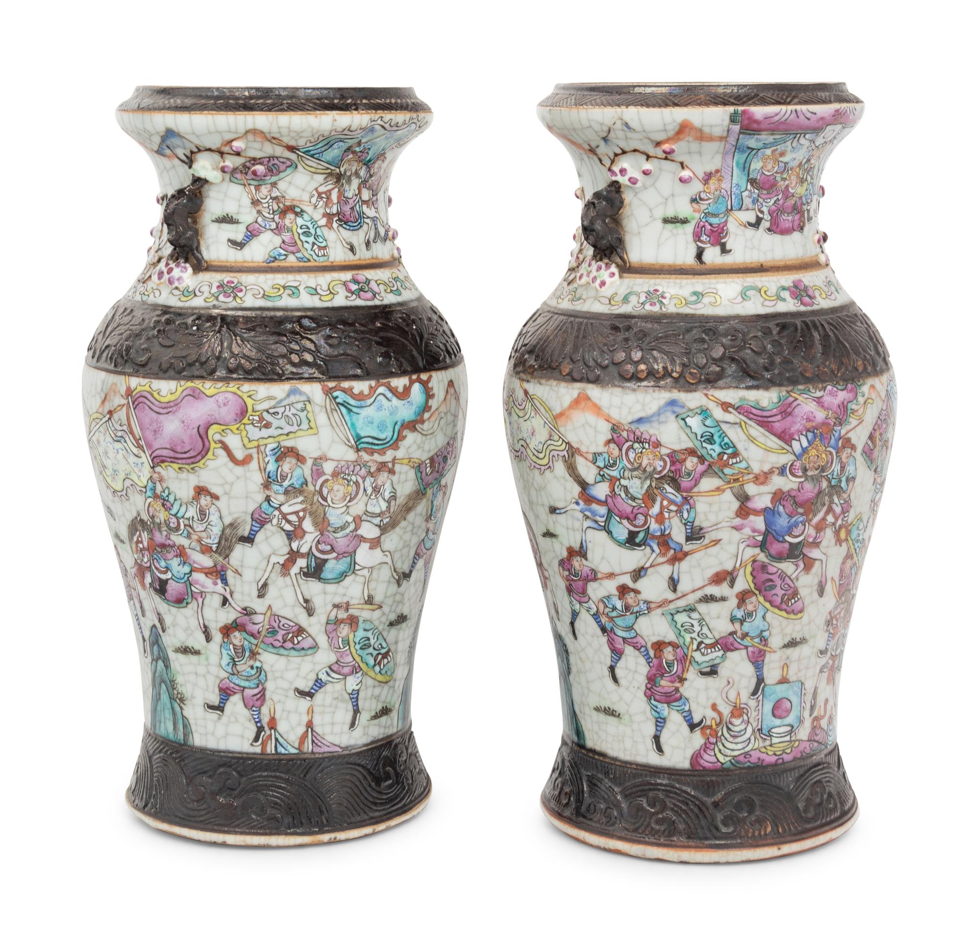 A Pair of Iron Decorated Famille Rose and Crackle Glazed Porcelain Vases