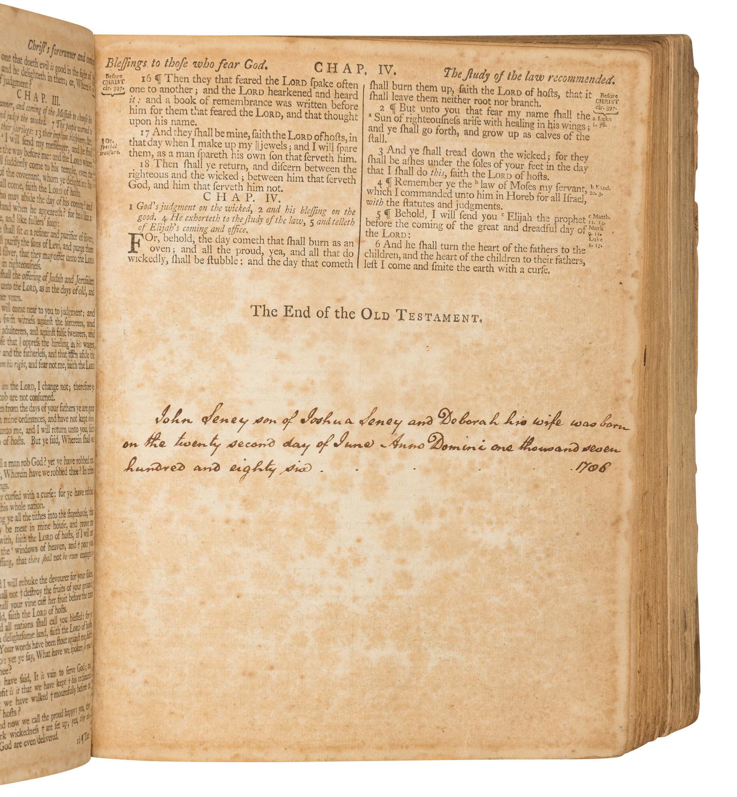 [SENEY, Joshua (1756-1798), his copy]. The Holy Bible- Edinburgh: Mark and Charles Kerr, 1791.