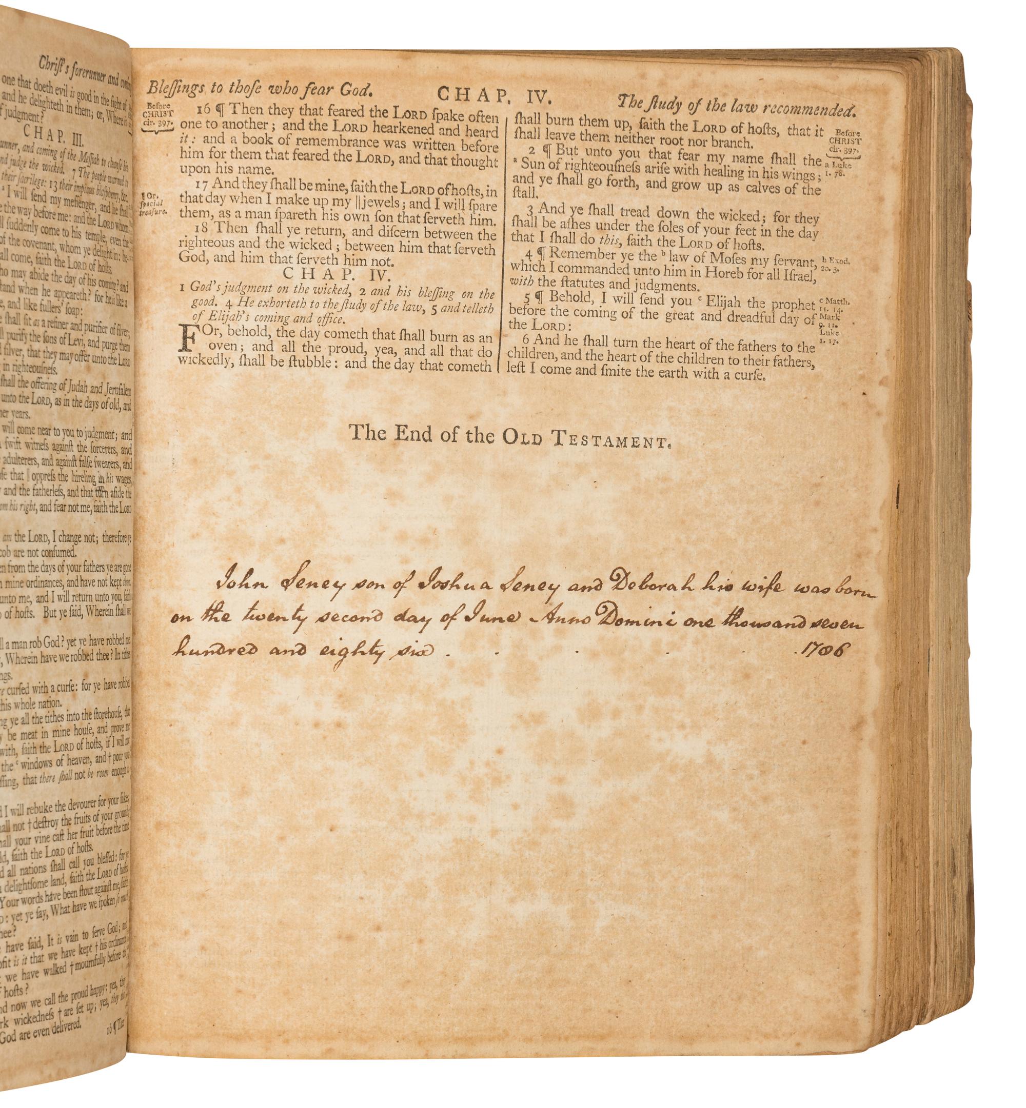 [SENEY, Joshua (1756-1798), his copy]. The Holy Bible- Edinburgh: Mark and Charles Kerr, 1791.