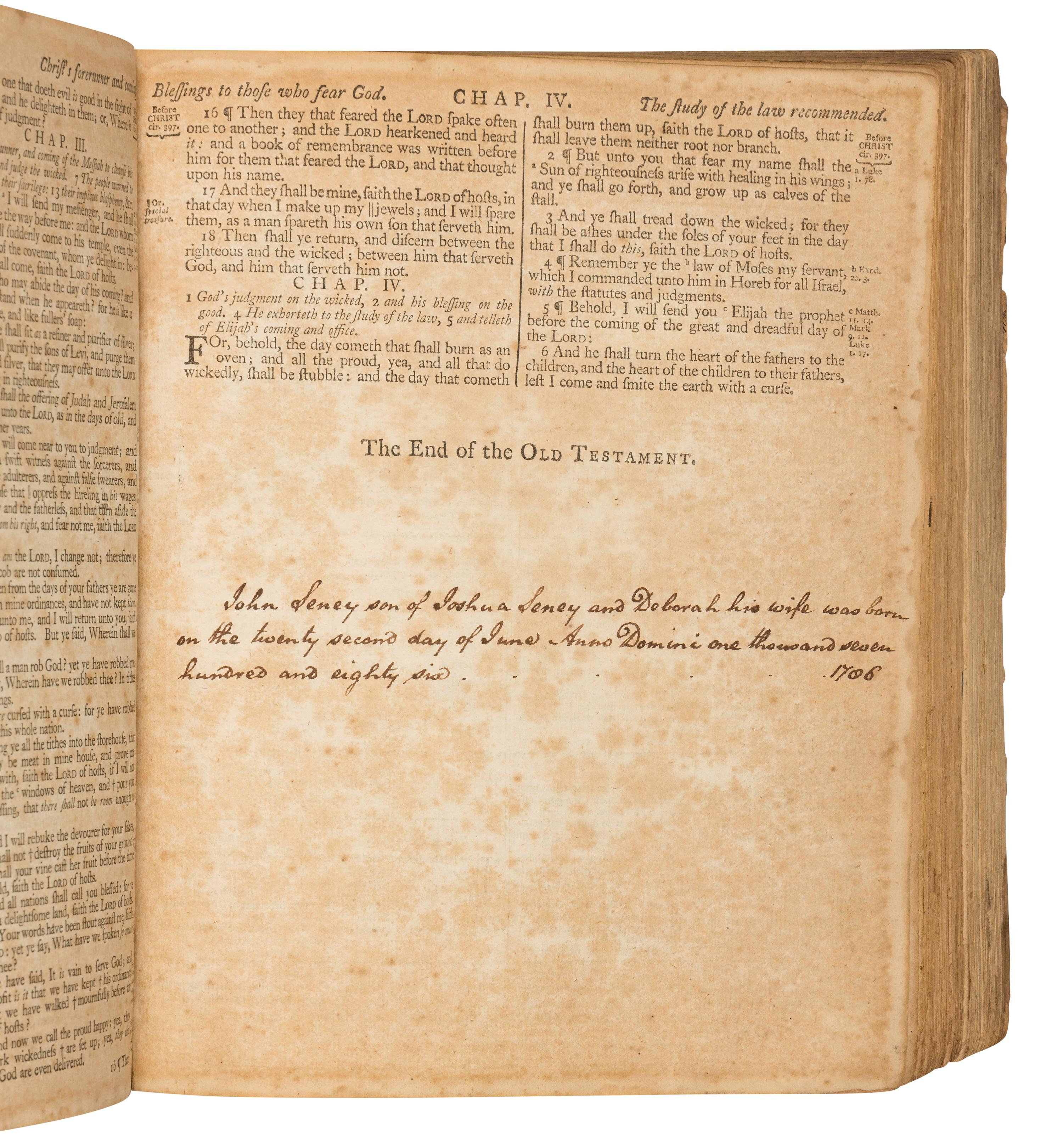 [SENEY, Joshua (1756-1798), his copy]. The Holy Bible- Edinburgh: Mark and Charles Kerr, 1791.