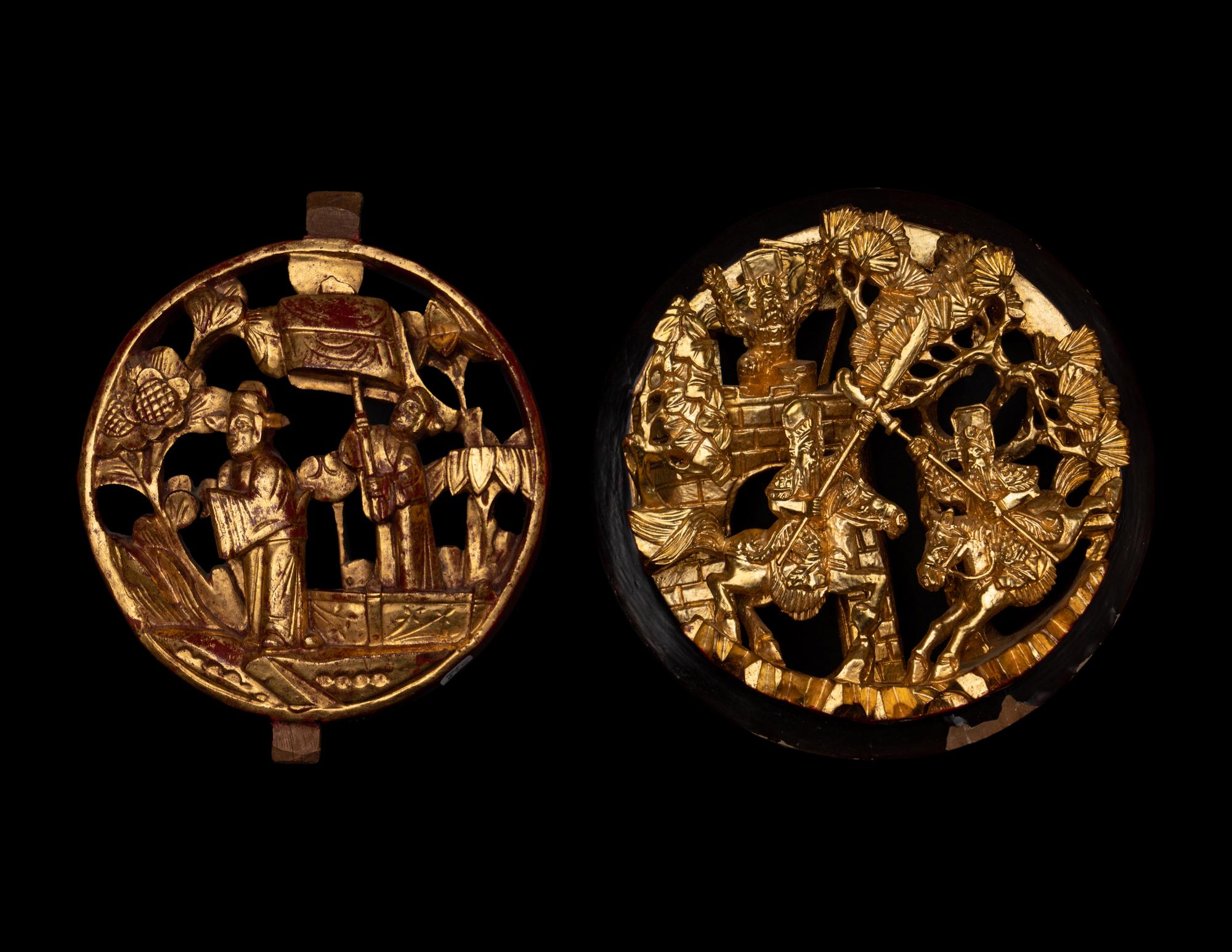 Four Chinese Gilt and Red Lacquered Wood Panels