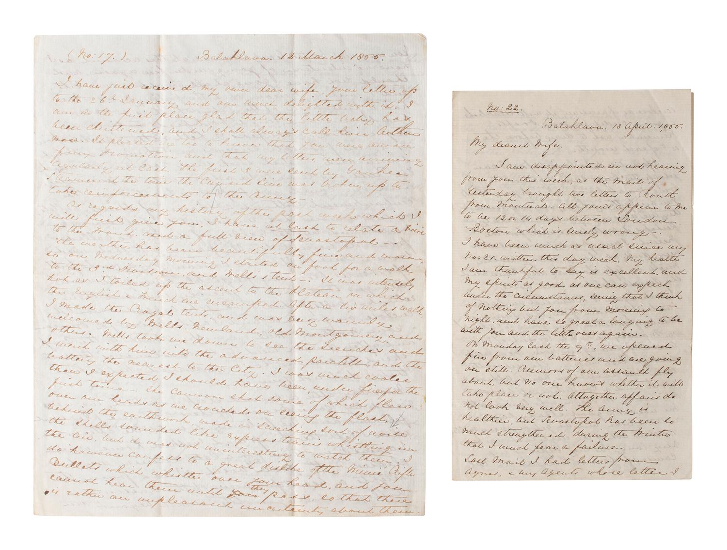 [CRIMEAN WAR]. Two letters from a British soldier during the Crimean War. "Balaklava," 1855.