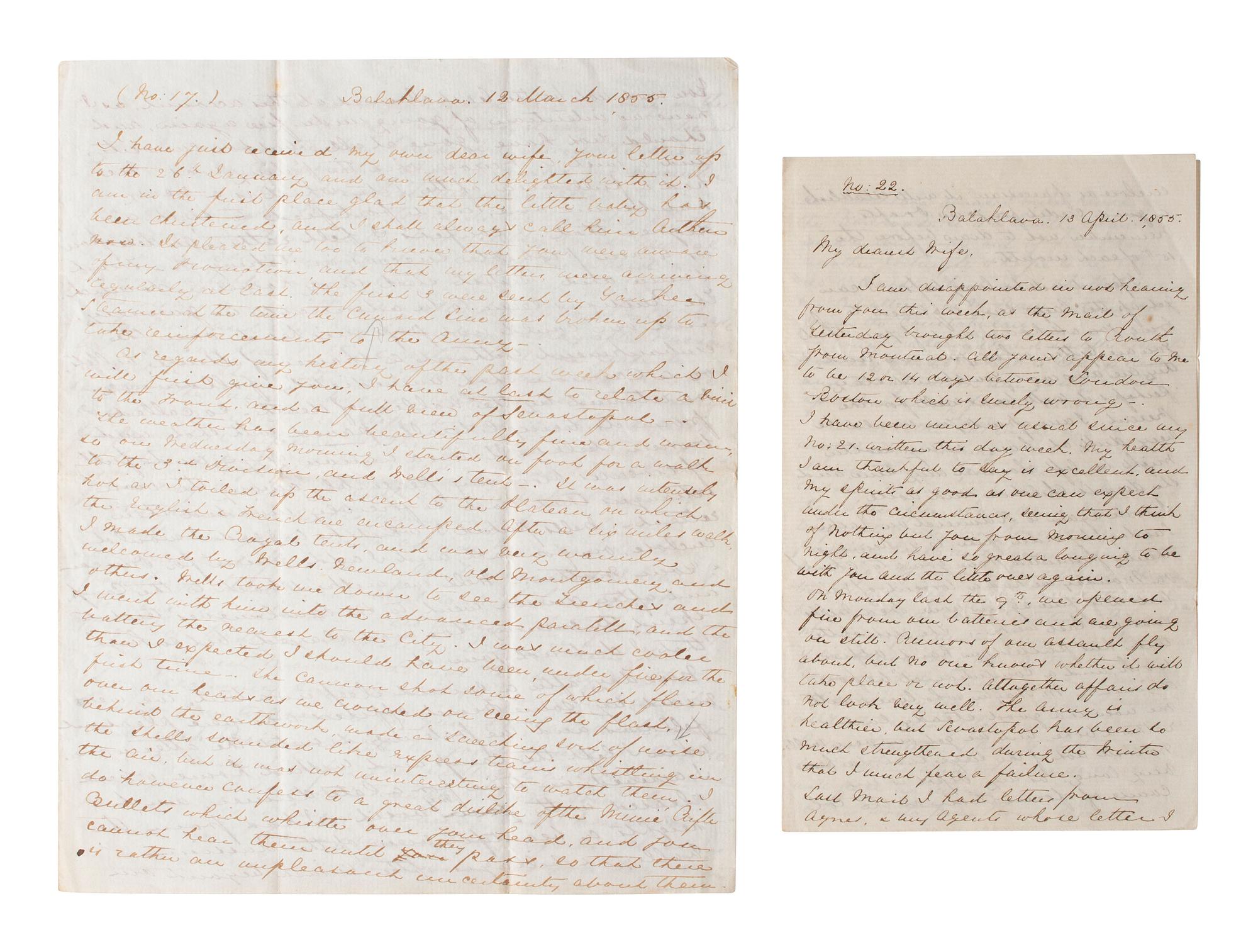 [CRIMEAN WAR]. Two letters from a British soldier during the Crimean War. "Balaklava," 1855.