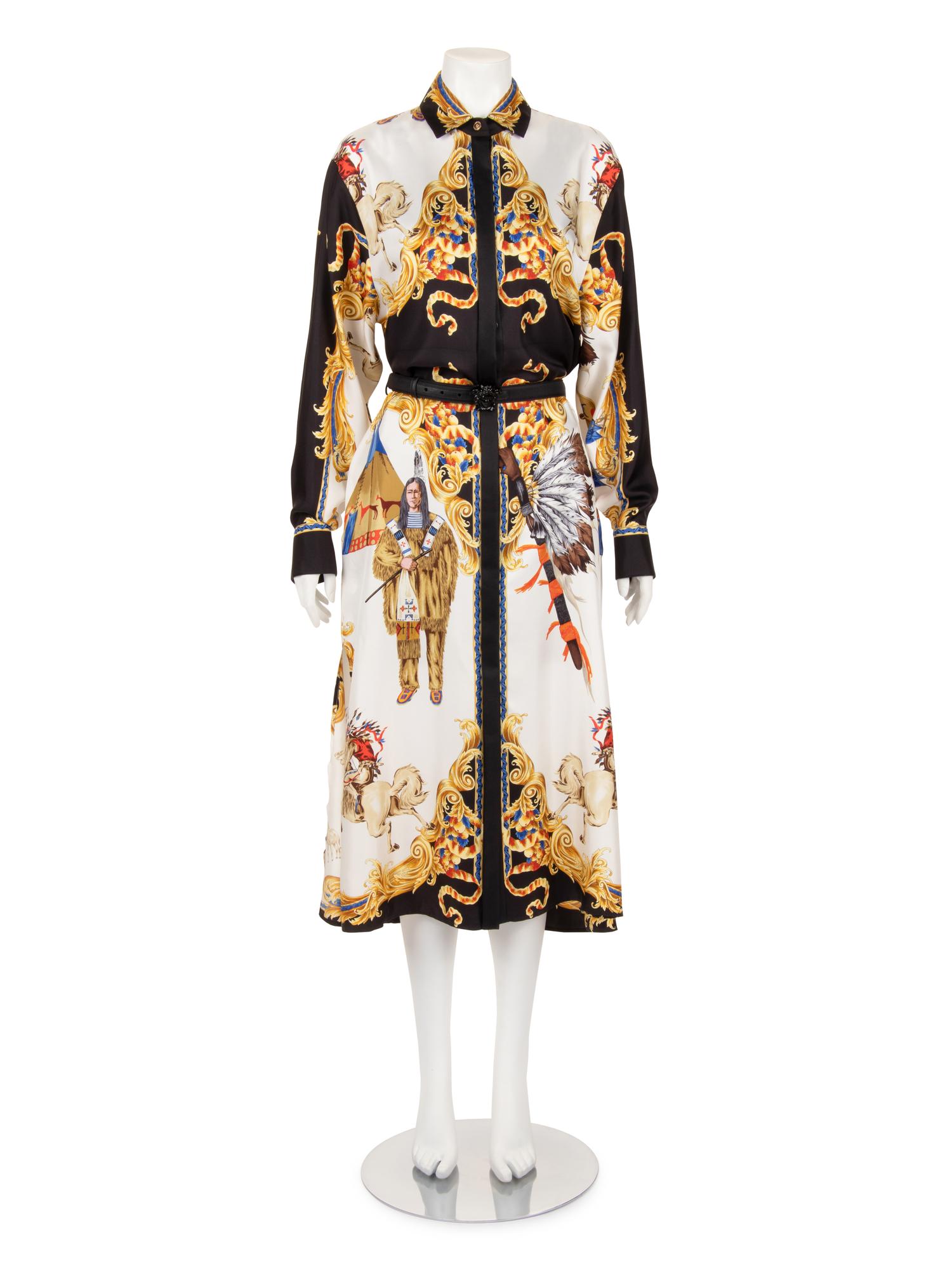 Versace Tribute "Native Americans" Silk Print Shirt Dress, Spring 2018