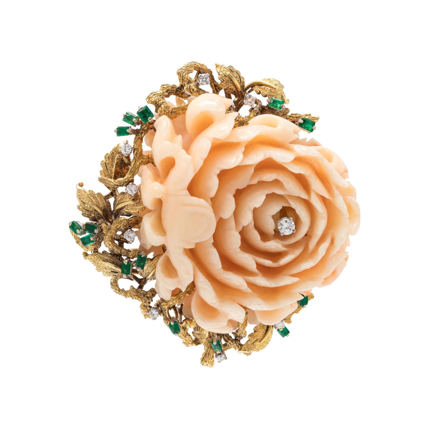 ANGEL SKIN CORAL, EMERALD AND DIAMOND BROOCH