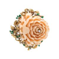 ANGEL SKIN CORAL, EMERALD AND DIAMOND BROOCH