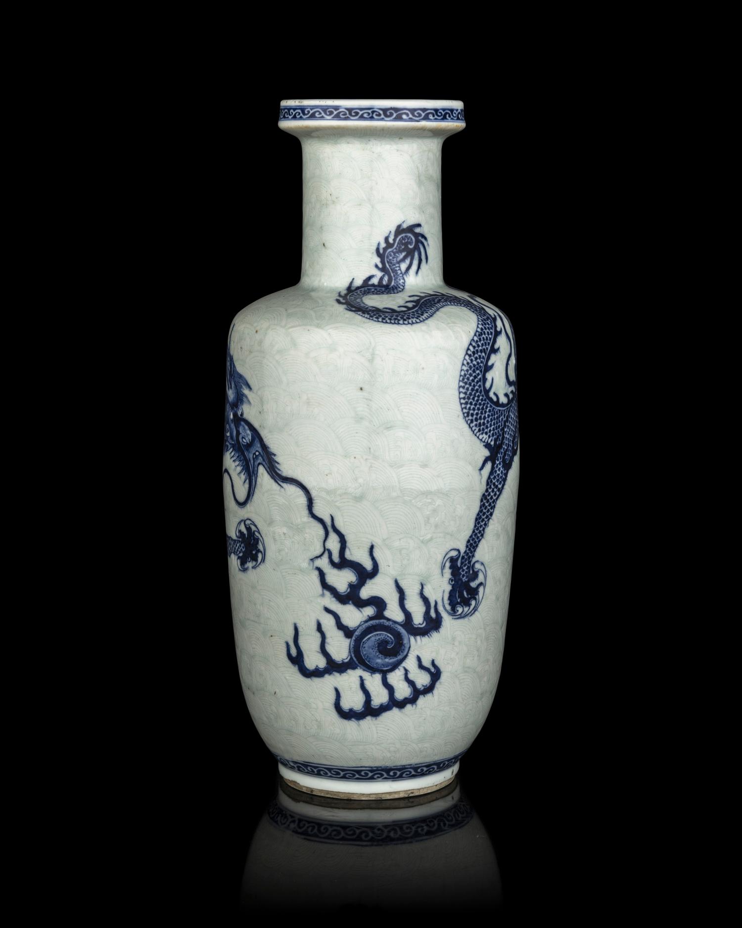 A Chinese Incised Celadon Ground Underglaze Blue 'Dragon' Rouleau Vase