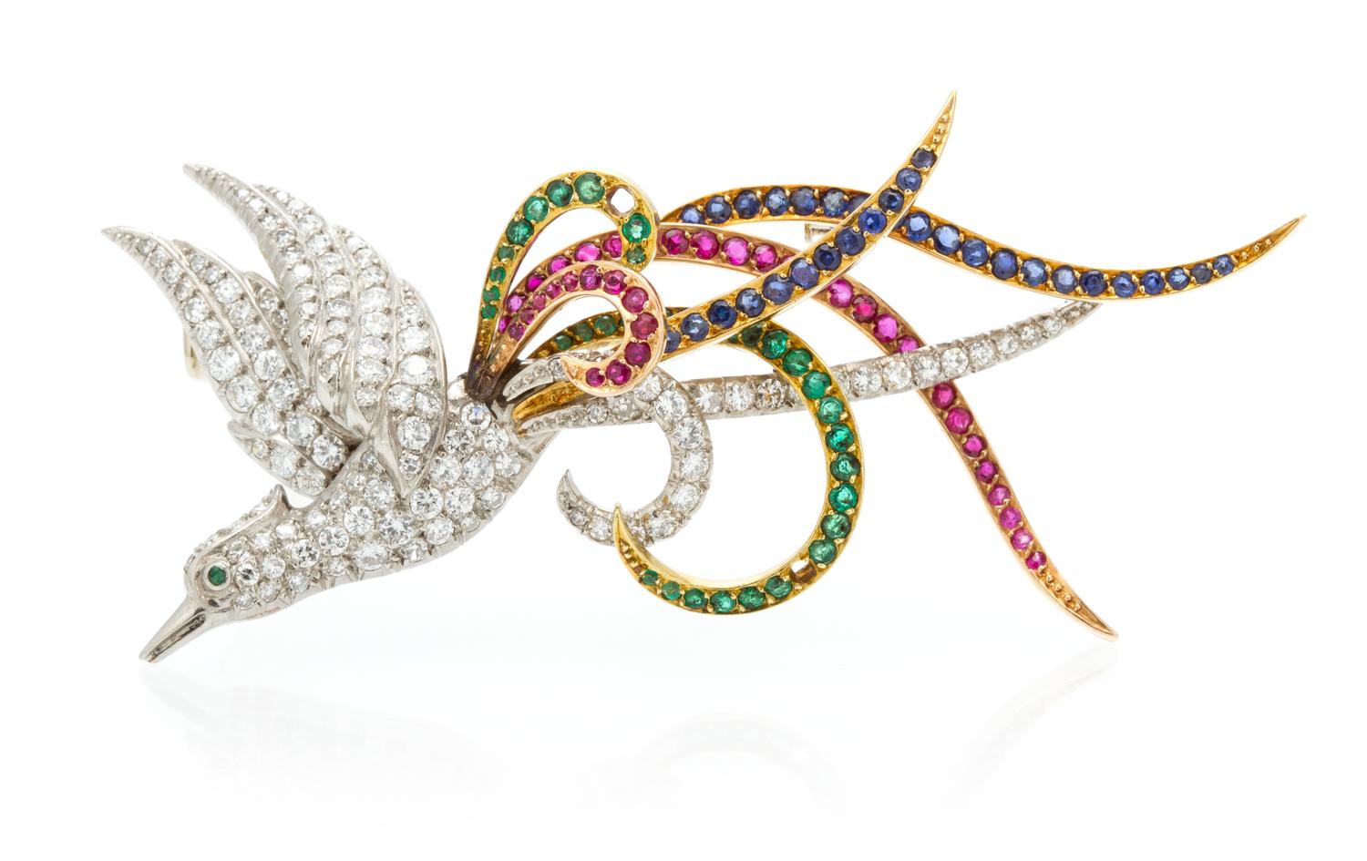 A Platinum, Yellow Gold, Diamond and Multi Gem Bird of Paradise Brooch, 14.30 dwts.