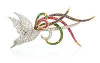 A Platinum, Yellow Gold, Diamond and Multi Gem Bird of Paradise Brooch, 14.30 dwts.