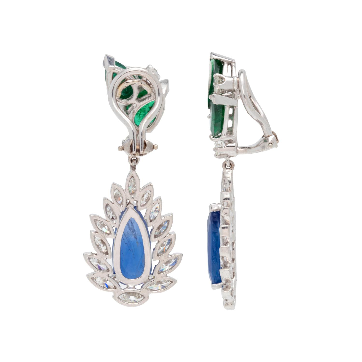 EMERALD, SAPPHIRE AND DIAMOND EARCLIPS