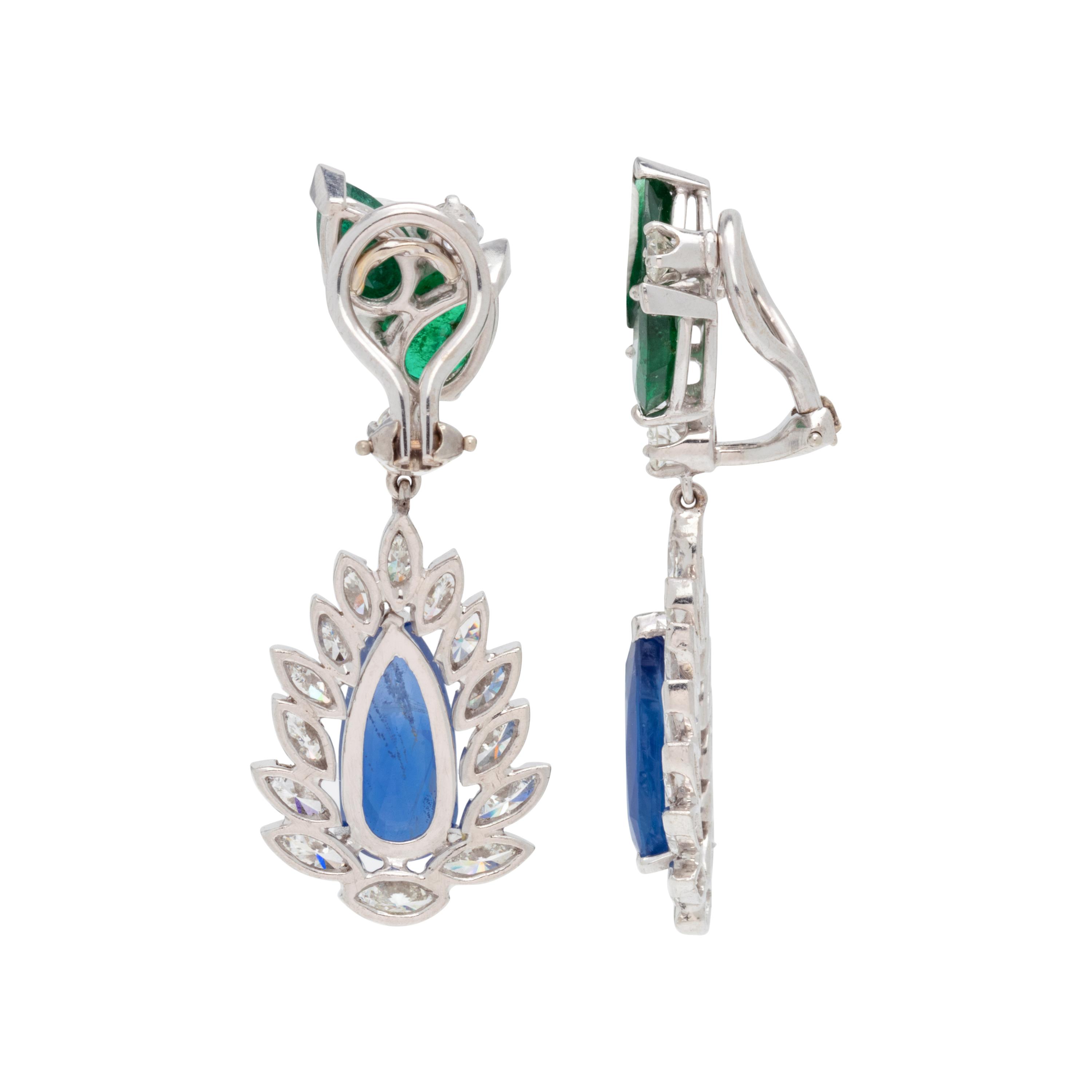 EMERALD, SAPPHIRE AND DIAMOND EARCLIPS