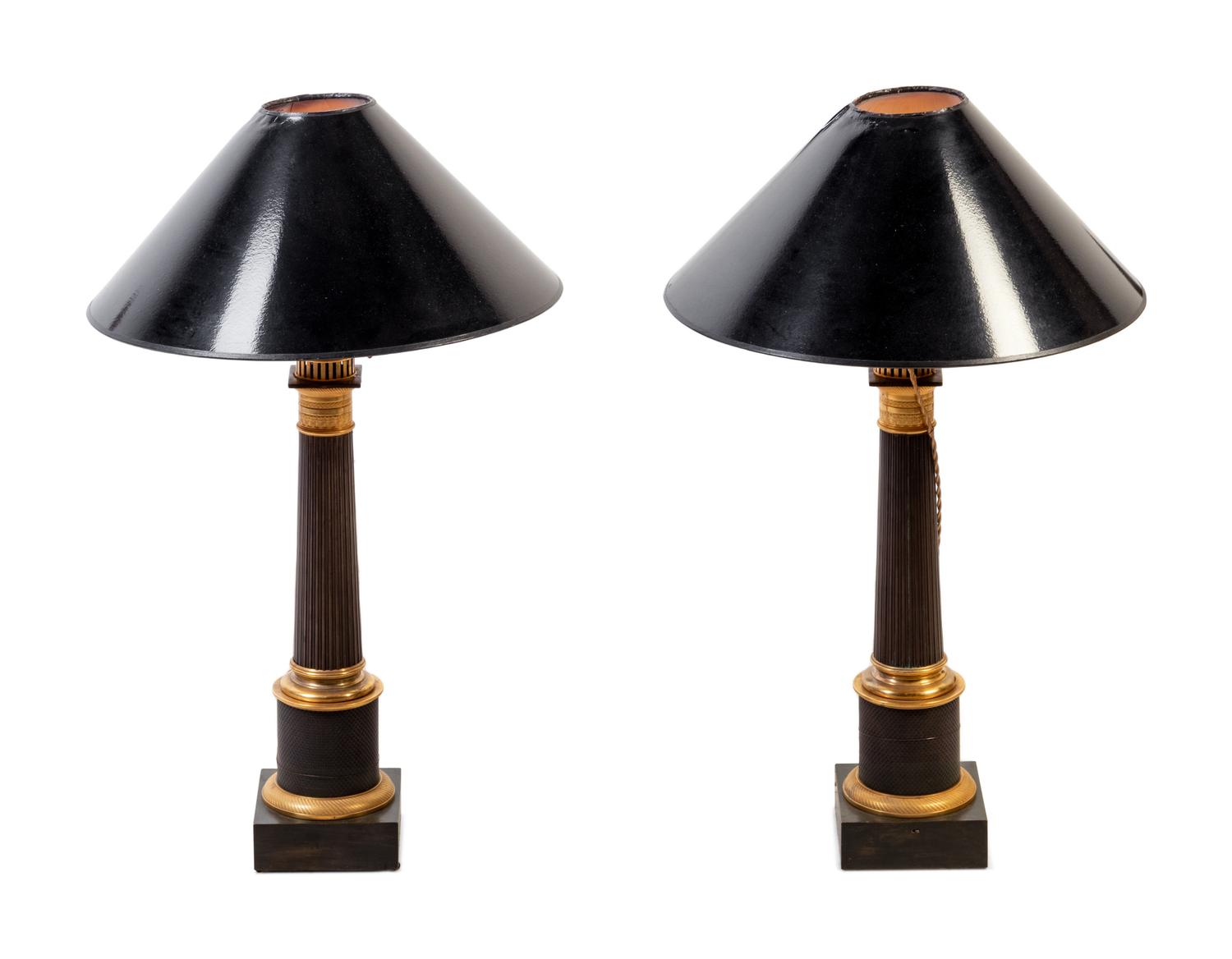 A Pair of Empire Gilt and Patinated Bronze Oil Lamps Converted to Electricity