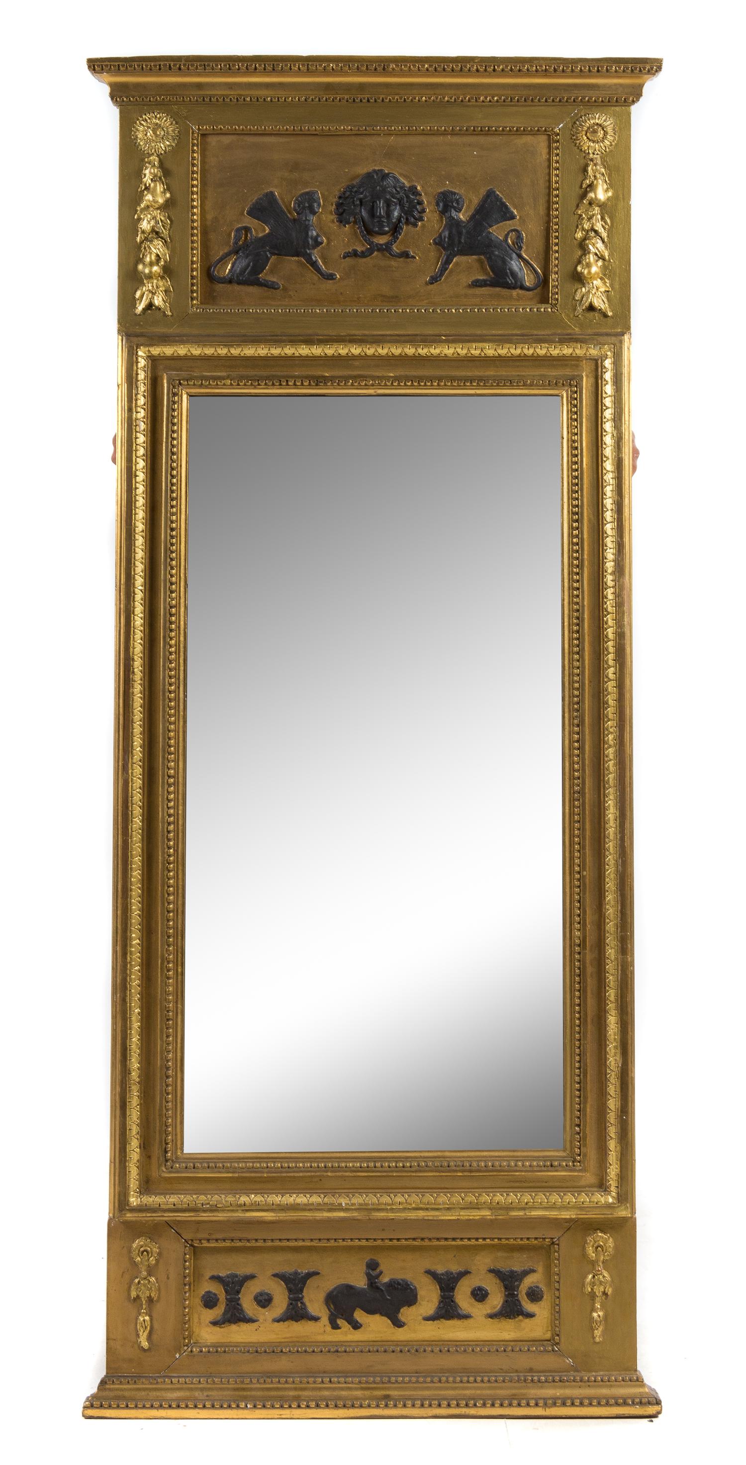 A Gustavian Neoclassical Style Parcel Ebonized Giltwood Mirror Height 67 1/8 x width 28 inches. — LATE 19TH CENTURY