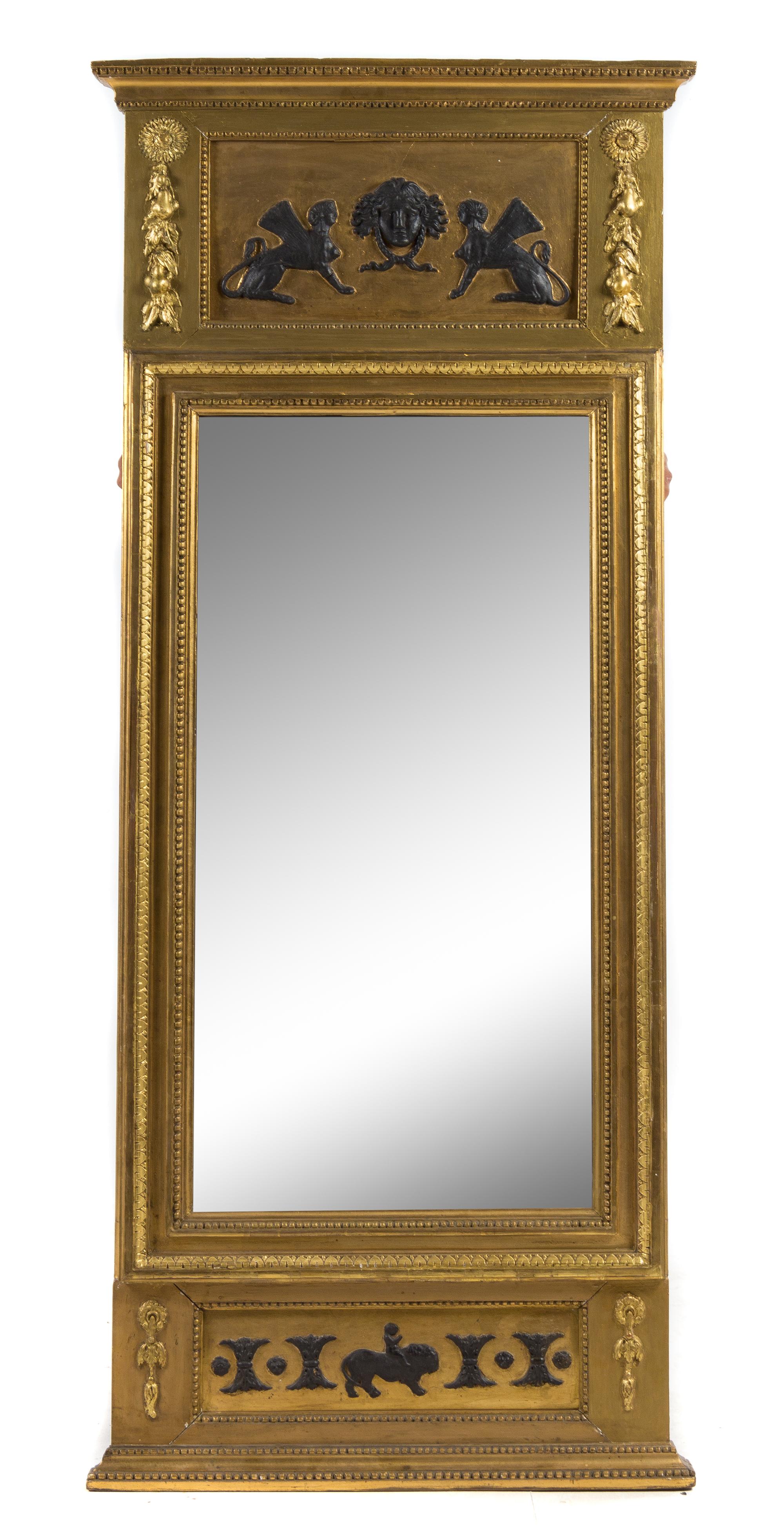 A Gustavian Neoclassical Style Parcel Ebonized Giltwood Mirror Height 67 1/8 x width 28 inches. — LATE 19TH CENTURY