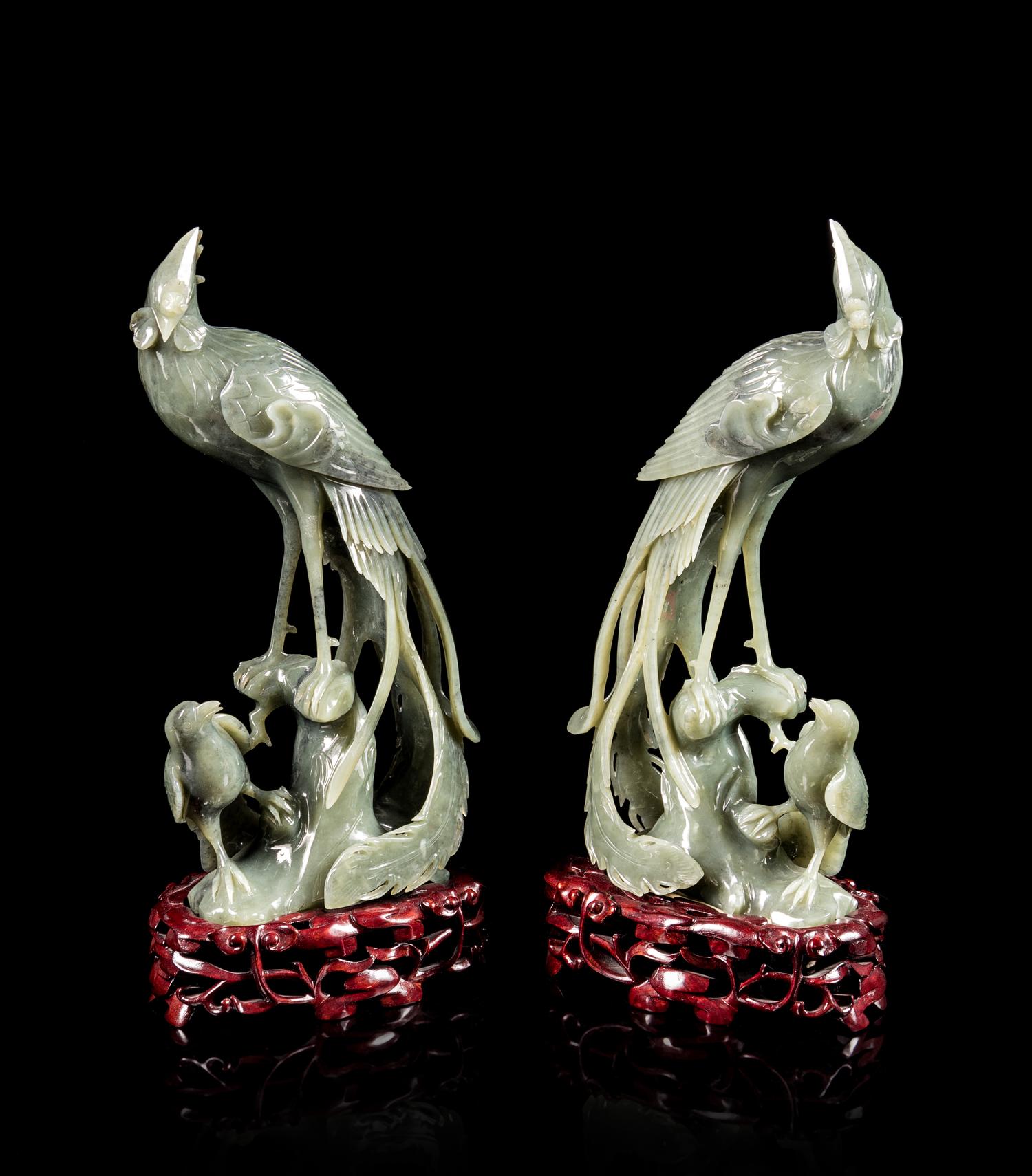 A Pair of Spinach Jade Figures of Pheasants Height of each 11 inches. — 20TH CENTURY