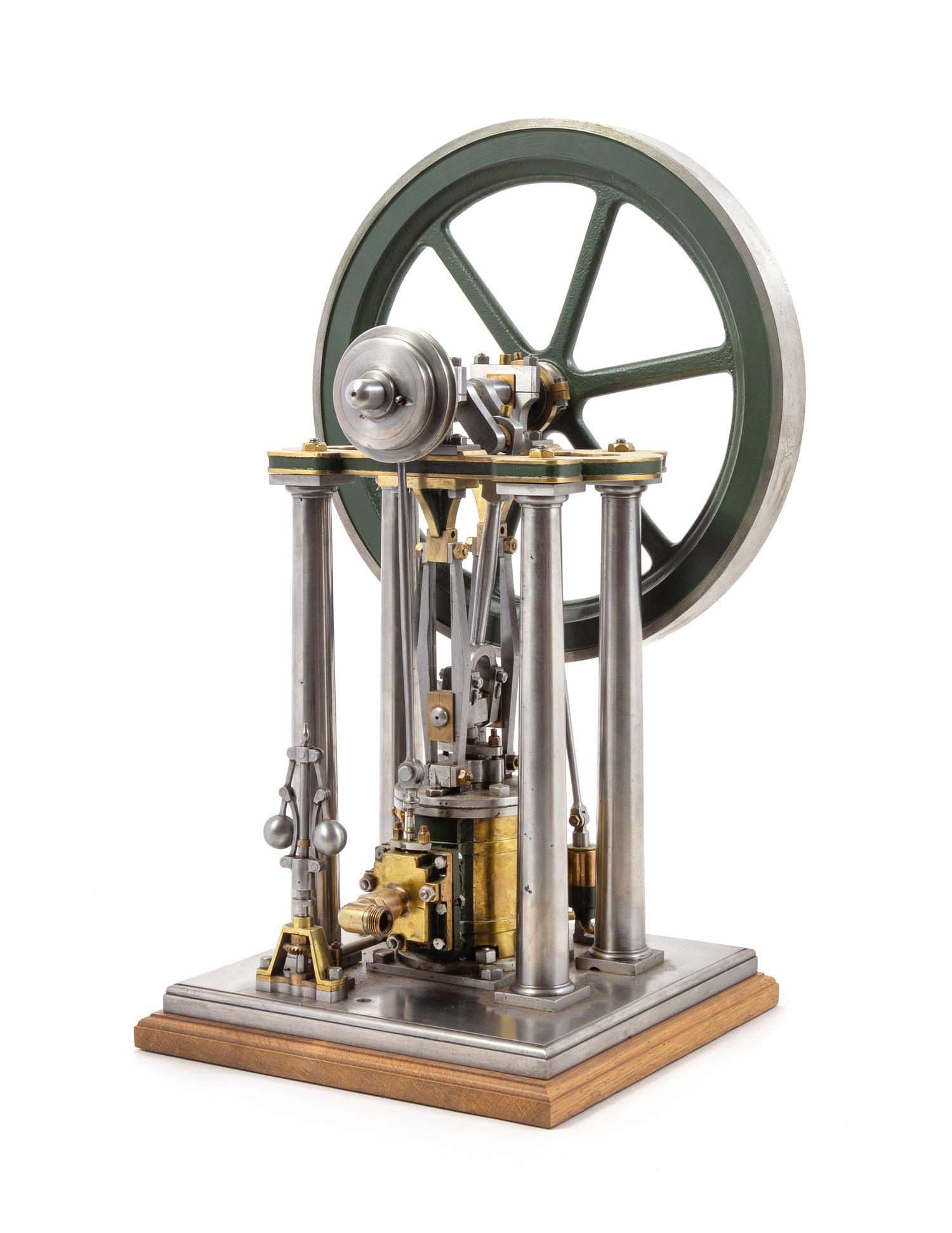 A Painted Metal Steam Engine and Flywheel Scale Model