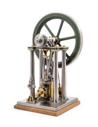 A Painted Metal Steam Engine and Flywheel Scale Model