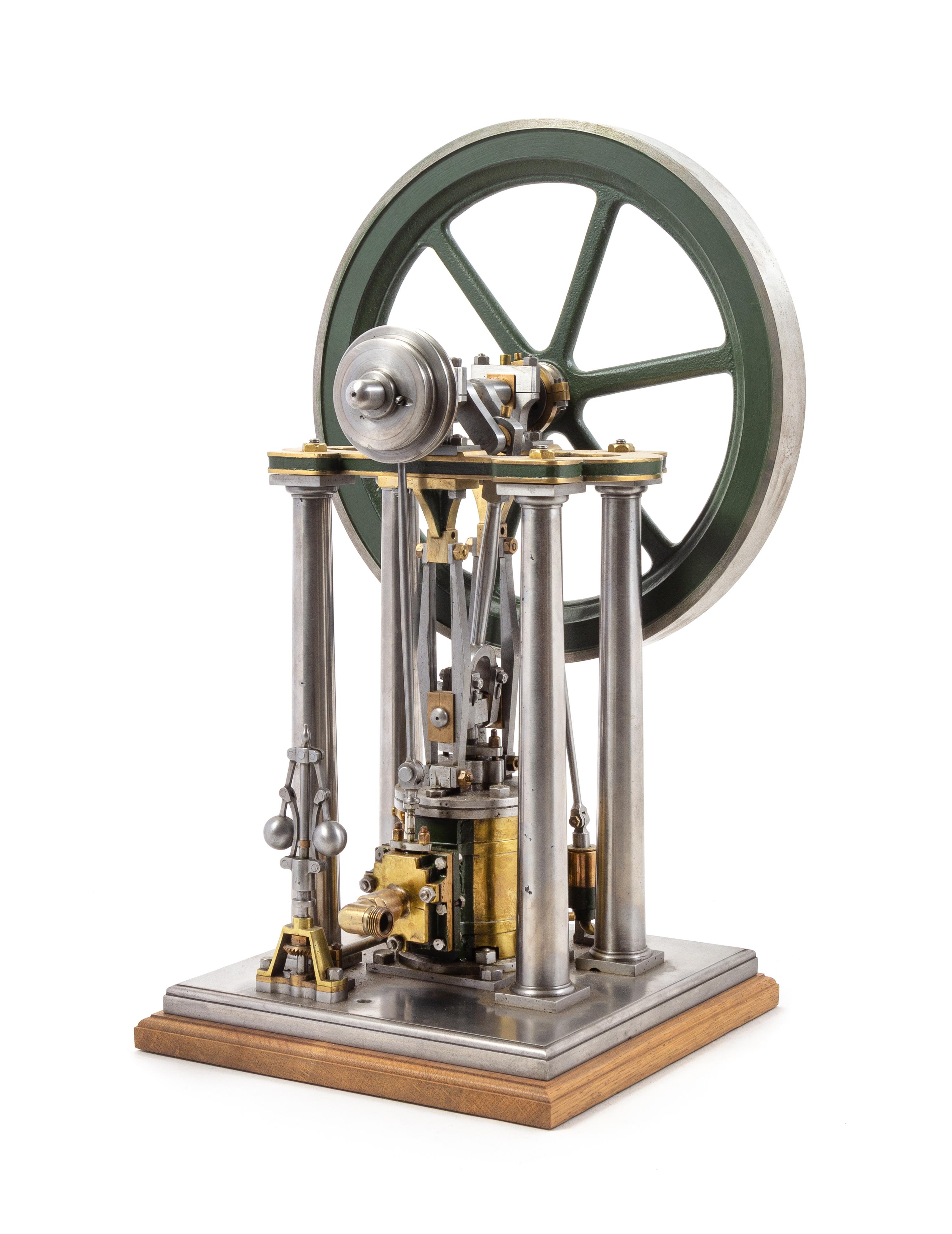 A Painted Metal Steam Engine and Flywheel Scale Model