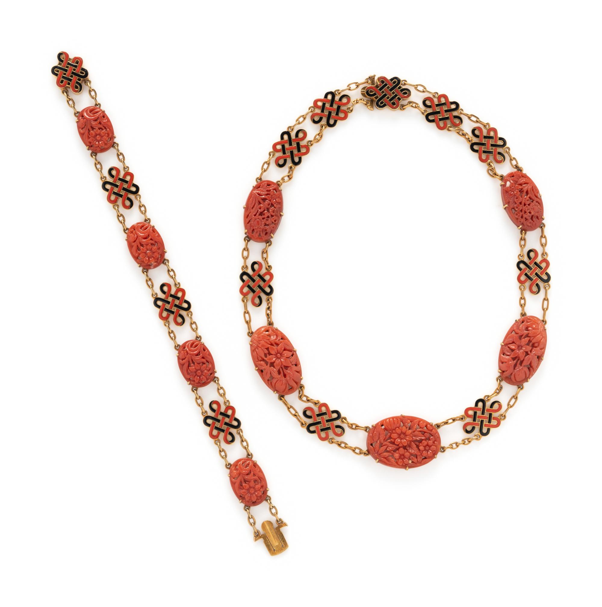 CORAL AND ENAMEL DEMI PARURE