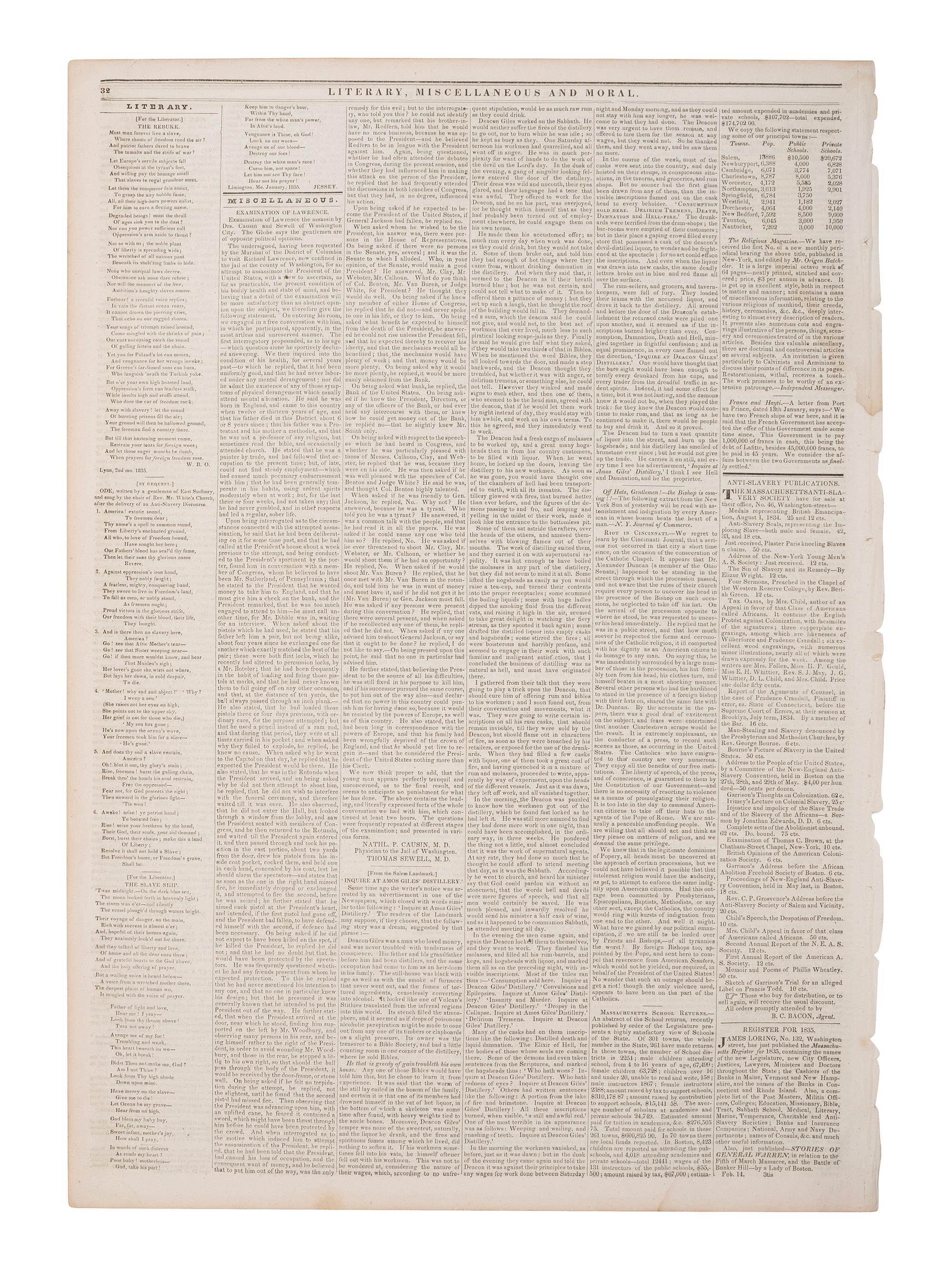 [SLAVERY & ABOLITION]. The Liberator. Vol. V, No. 8. Boston, MA: 21 February 1835.