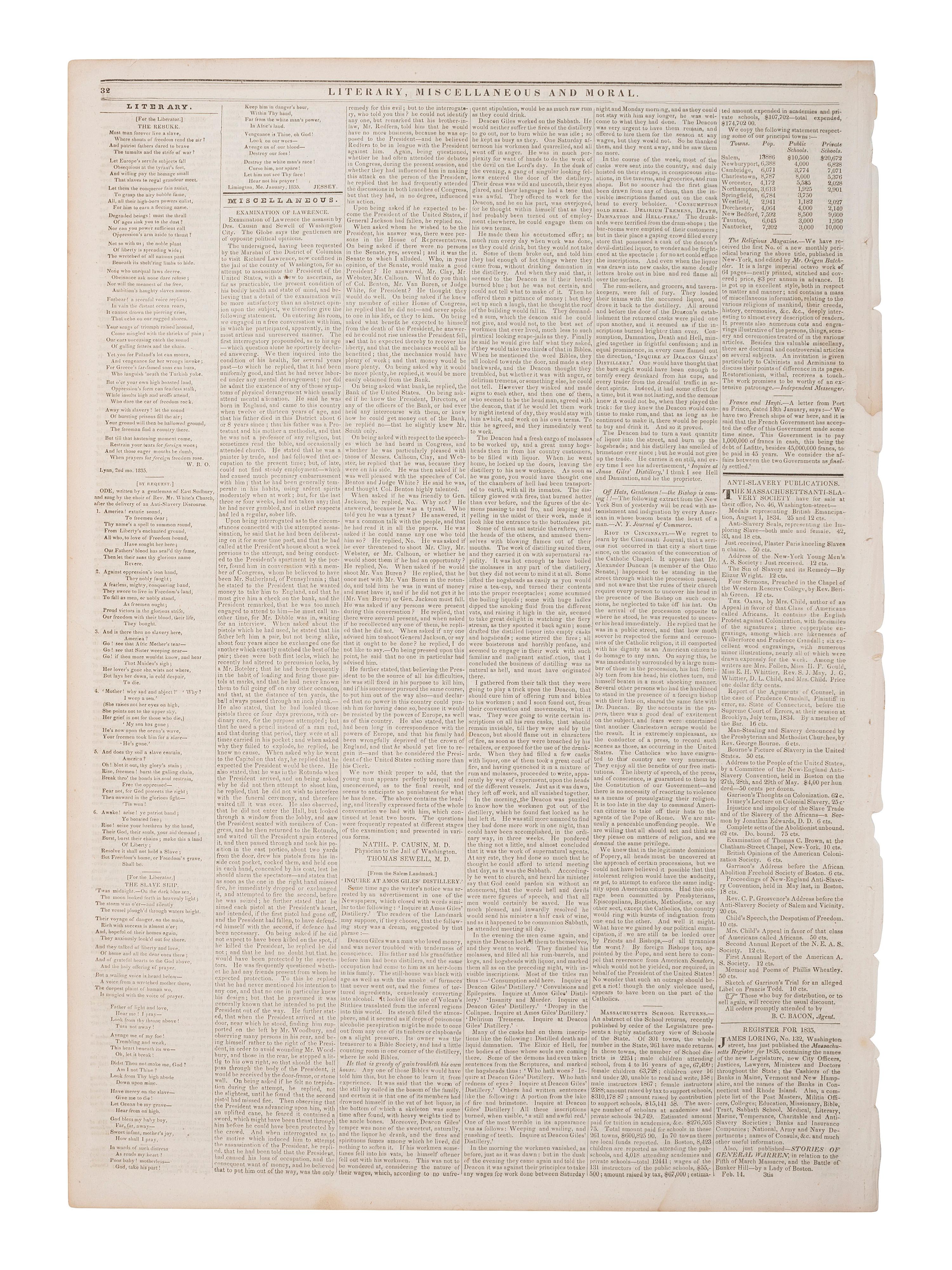 [SLAVERY & ABOLITION]. The Liberator. Vol. V, No. 8. Boston, MA: 21 February 1835.