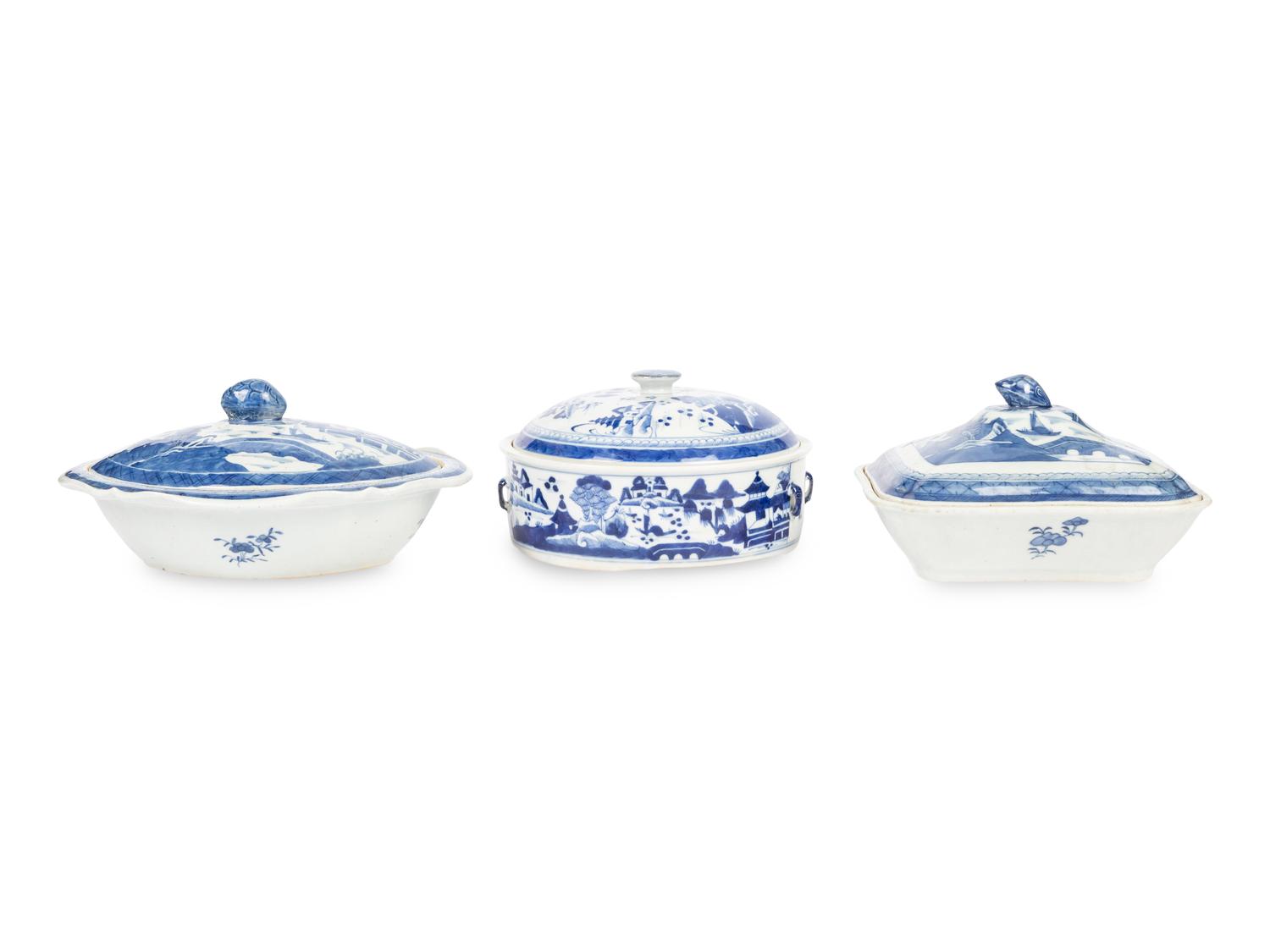 A Group of Canton Blue and White Porcelain Serving Articles