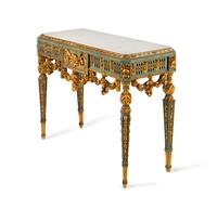 A Pair of Continental Green-Painted and Parcel Gilt Marble-Top Console Tables