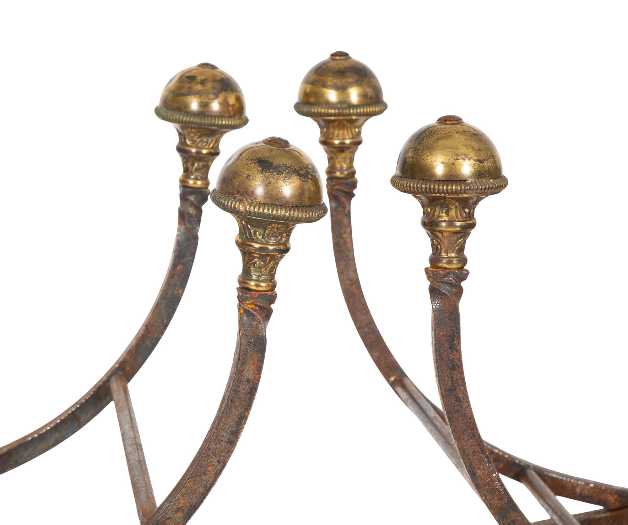A Pair of Contemporary Curule-form Wrought Iron and Brass Stools