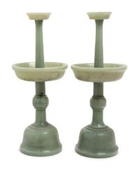 A Pair of Chinese Carved Jade Candlesticks