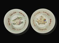 A pair of Chinese faux bois porcelain erotic tea bowls, covers, and stands 仿木紋春宮茶盞兩套