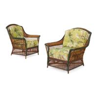 A near pair of polychrome painted rattan lounge chairs and an ottoman american, circa 1900