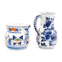 A Delft Blue and White Beer Pitcher and a Polychrome Decorated Posset Pot
