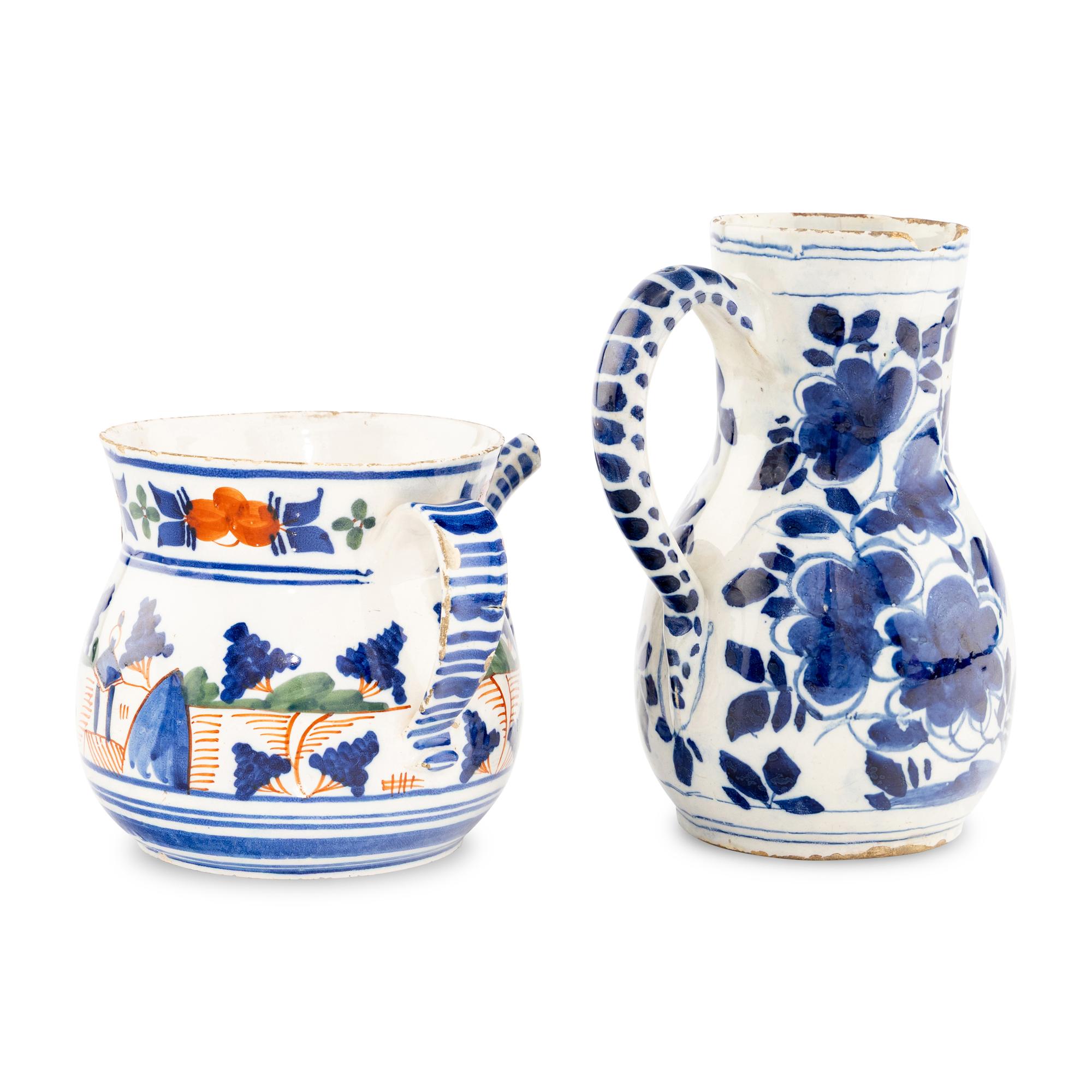 A Delft Blue and White Beer Pitcher and a Polychrome Decorated Posset Pot