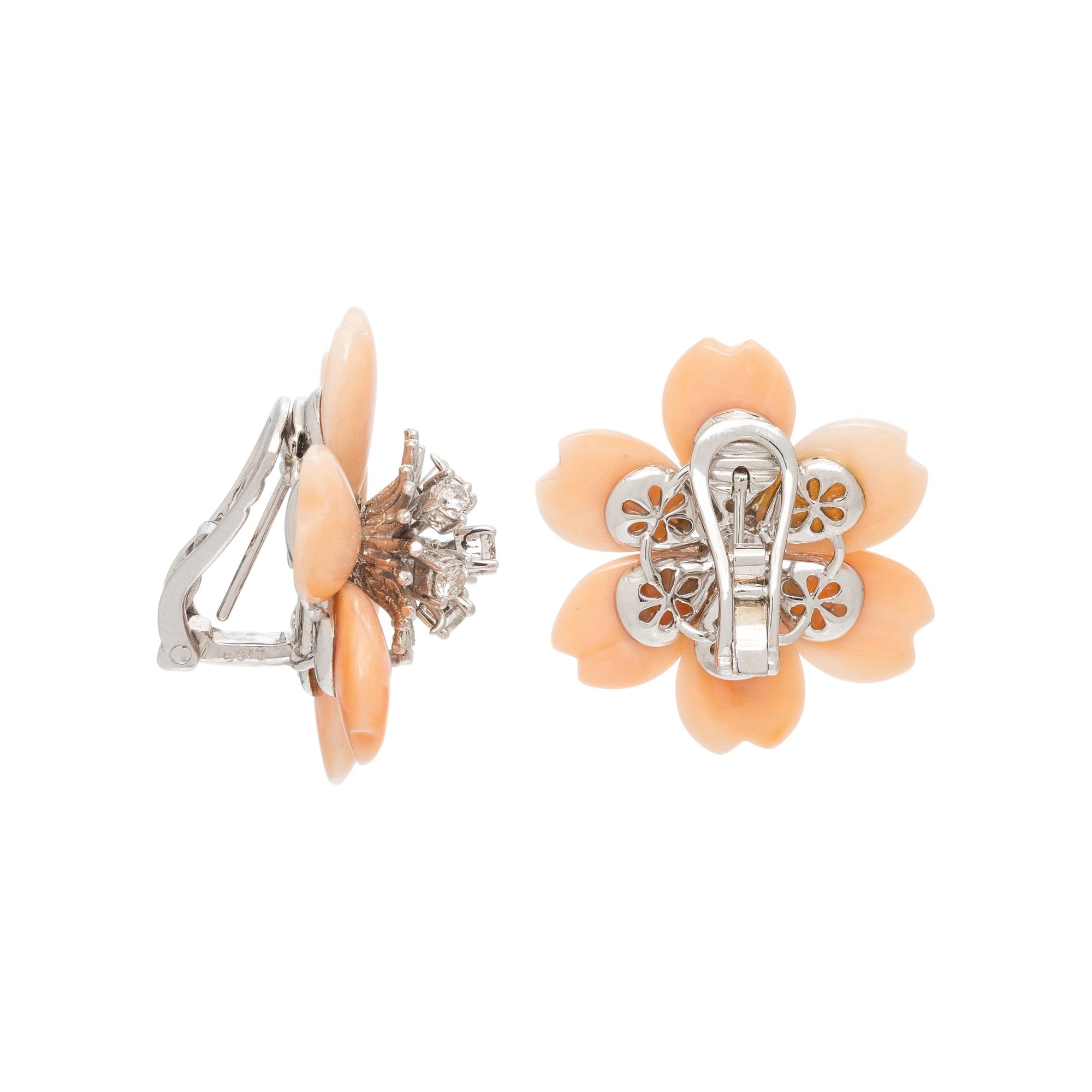 CORAL, DIAMOND, AND WHITE GOLD FLOWER EARRINGS
