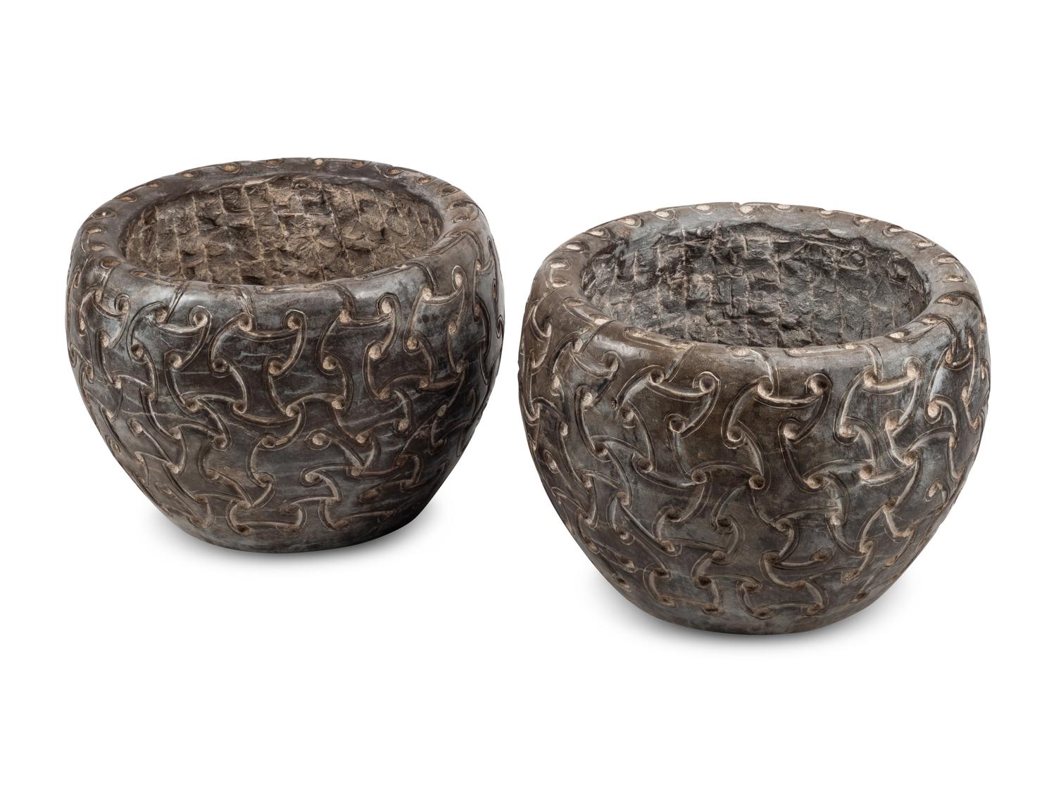 A Pair of Large Celtic Style Hand-Carved Marble Jardinières