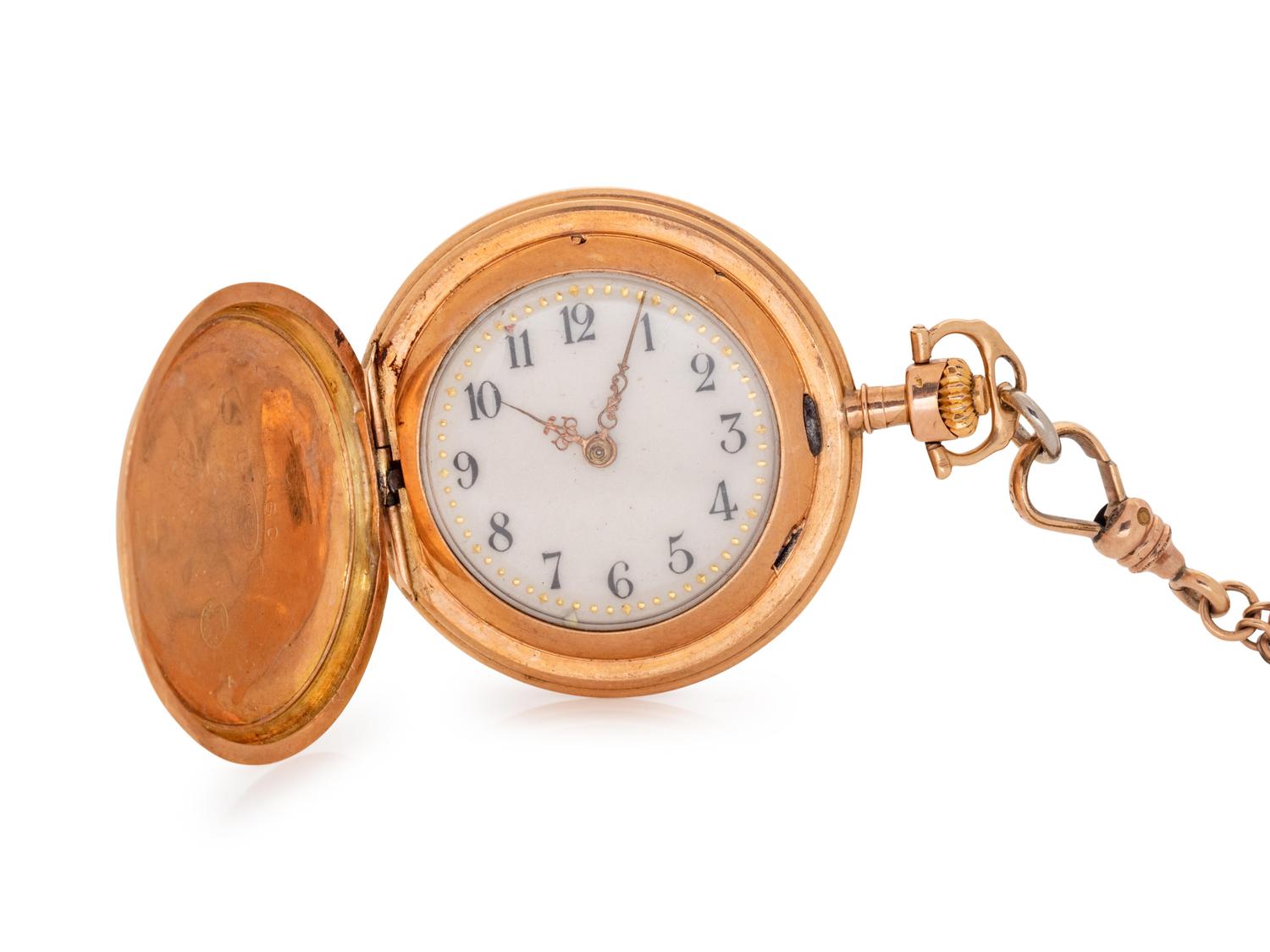 A 14 Karat Yellow Gold Hunter Case Pocket Watch with Gold Filled Longchain,