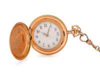 A 14 Karat Yellow Gold Hunter Case Pocket Watch with Gold Filled Longchain,