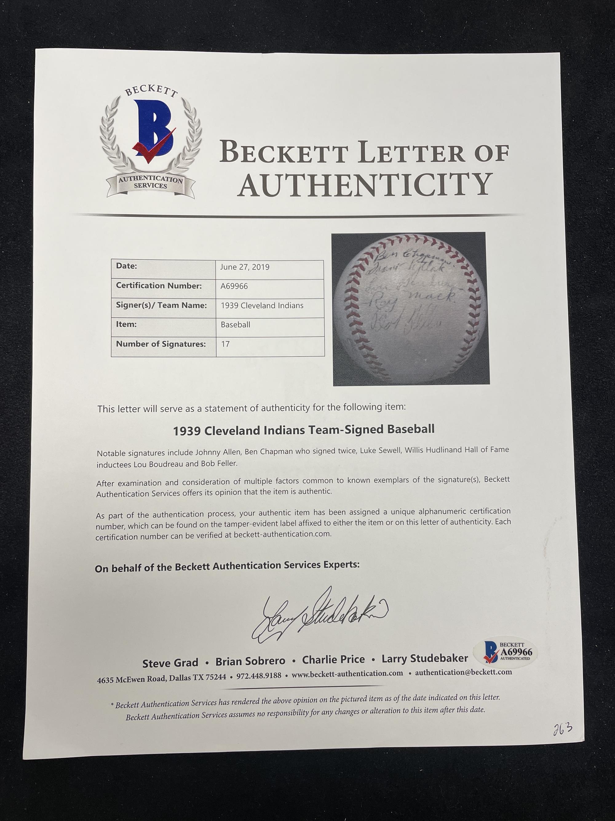 A 1939 Cleveland Indians Team Signed Autograph Baseball (Beckett Authentication Services Letter of Authenticity)