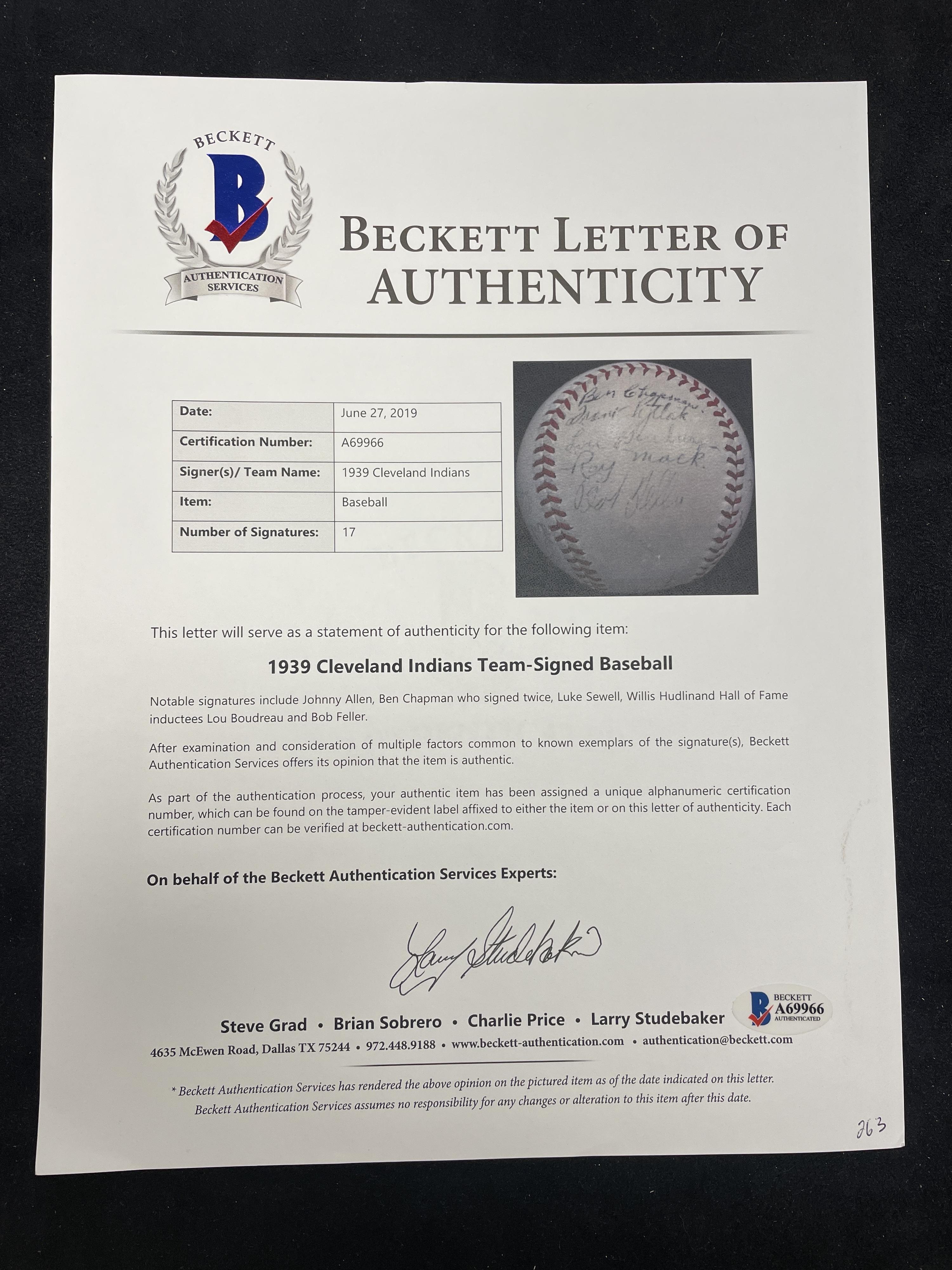 A 1939 Cleveland Indians Team Signed Autograph Baseball (Beckett Authentication Services Letter of Authenticity)
