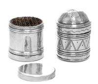 Two English Silver Nutmeg Graters, Maker's Mark Obscured, each of canister form, one having a domed lid with engraved geometric decorat