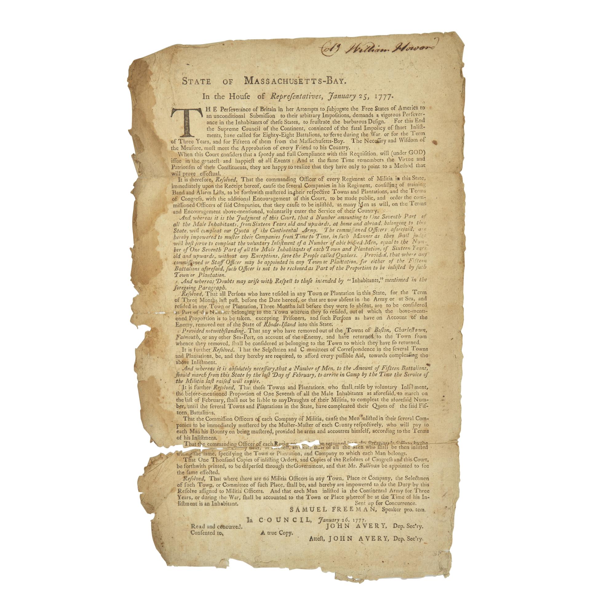 [American Revolution] Printed Broadside: A Call to Arms for the Continental Army
