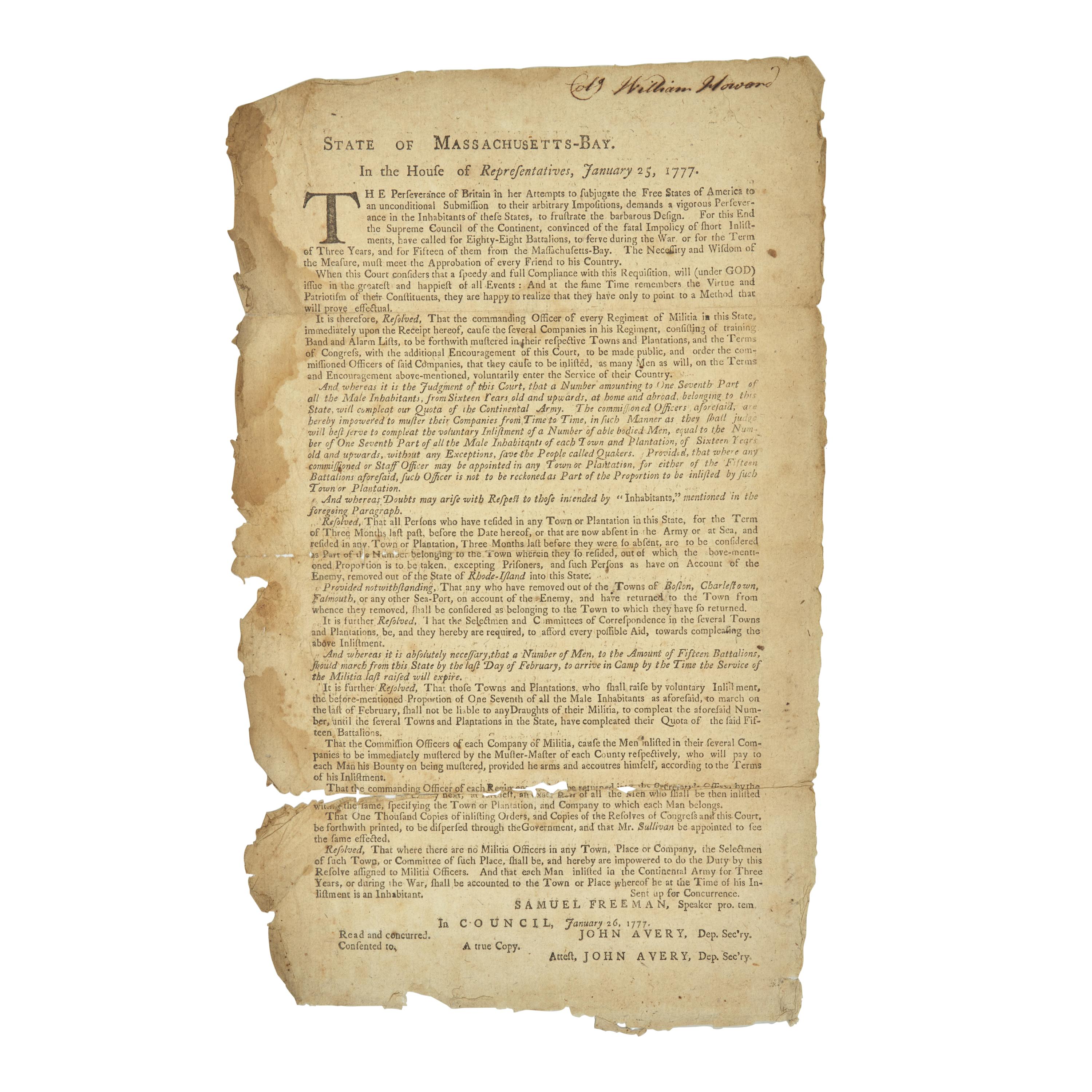 [American Revolution] Printed Broadside: A Call to Arms for the Continental Army